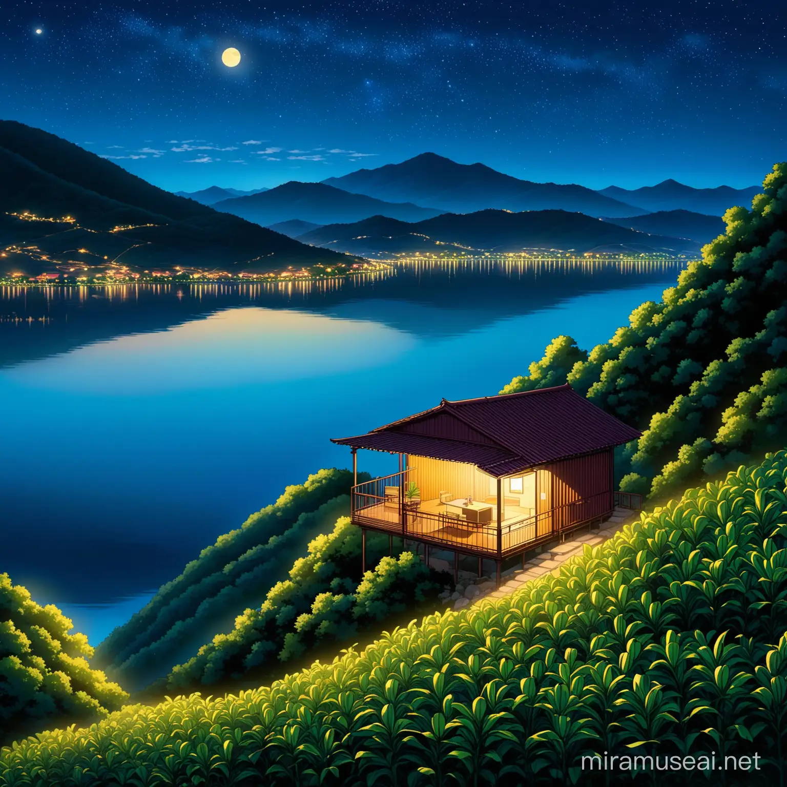 Serene Night Landscape with Mountain Lake and Fruit Trees