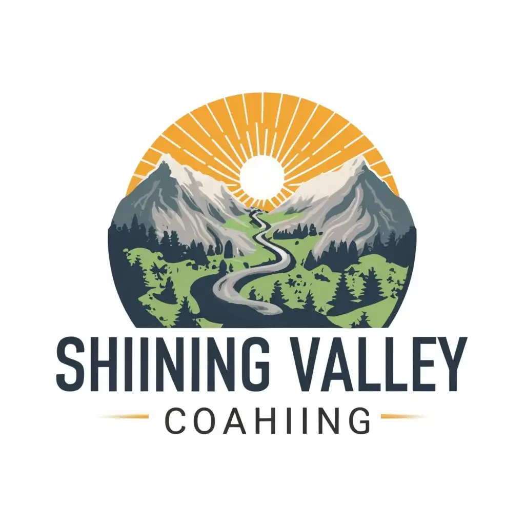 logo, valley path between grey mountains with sun rays, with the text "Shining Valley Coaching", typography