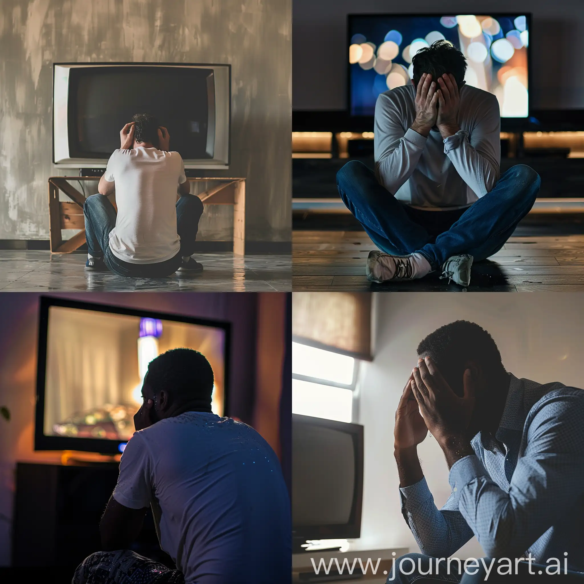 جلوس رجل امام تلفاز وهو يبكي