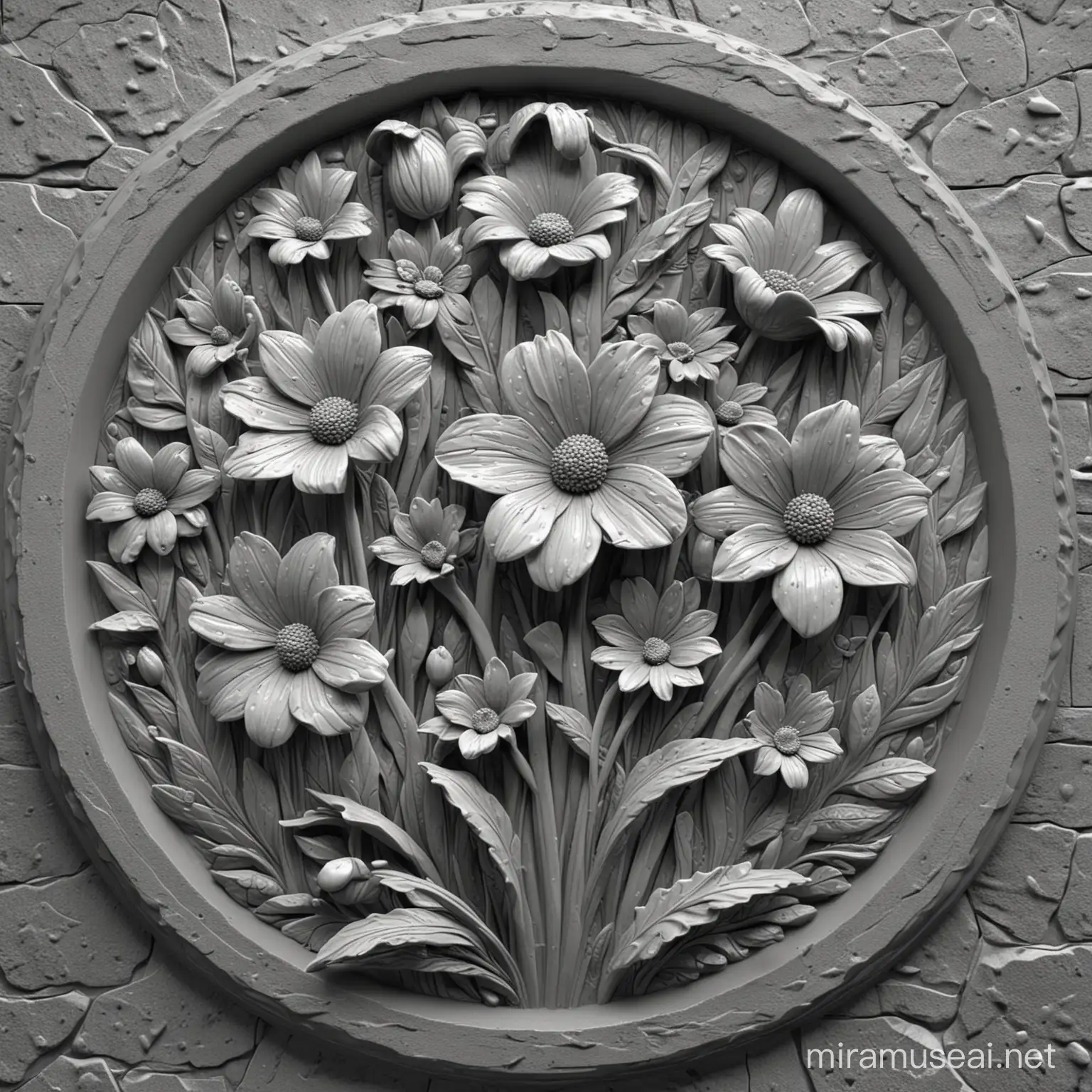 april showers may flowers, 3d, depth map, bas relief, balanced lighting, grey scale, round --no shadows