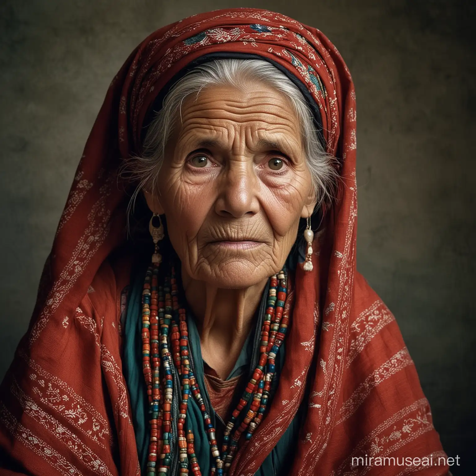 An old woman in traditional dress, her face telling a story of a lifetime, captured in the style of Steve McCurry.