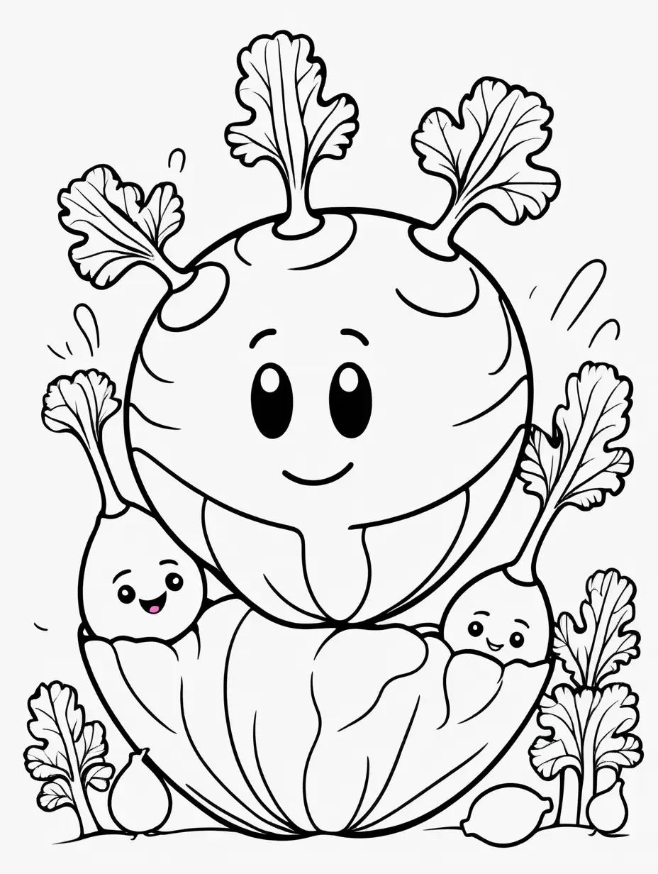 coloring book, cartoon drawing, clean black and white, single line, white background, cute turnips, emojis