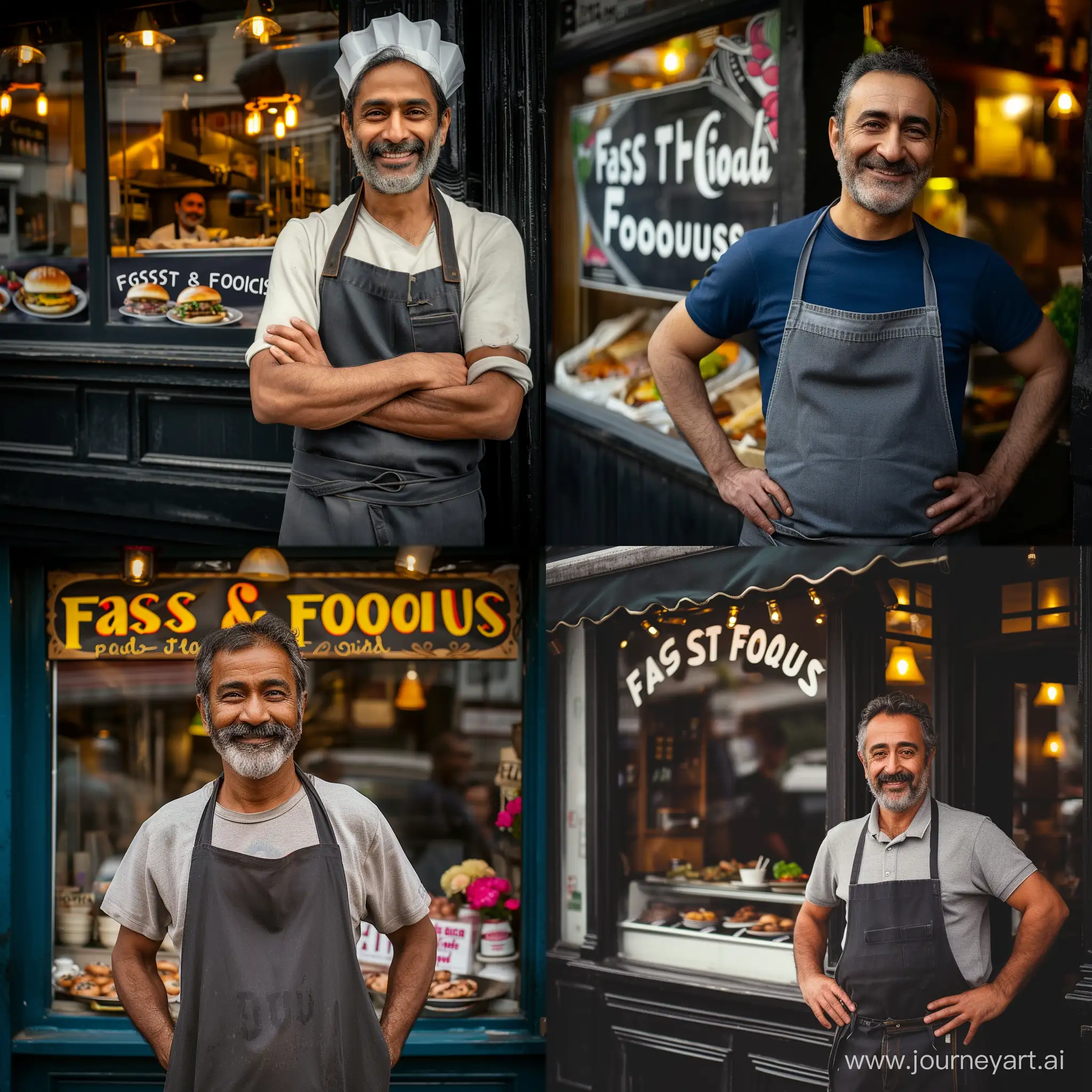 Produce an image , a owner of restaurant With hoarding name of restaurant is"Fast and Foodious" standing outside of his restaurant
