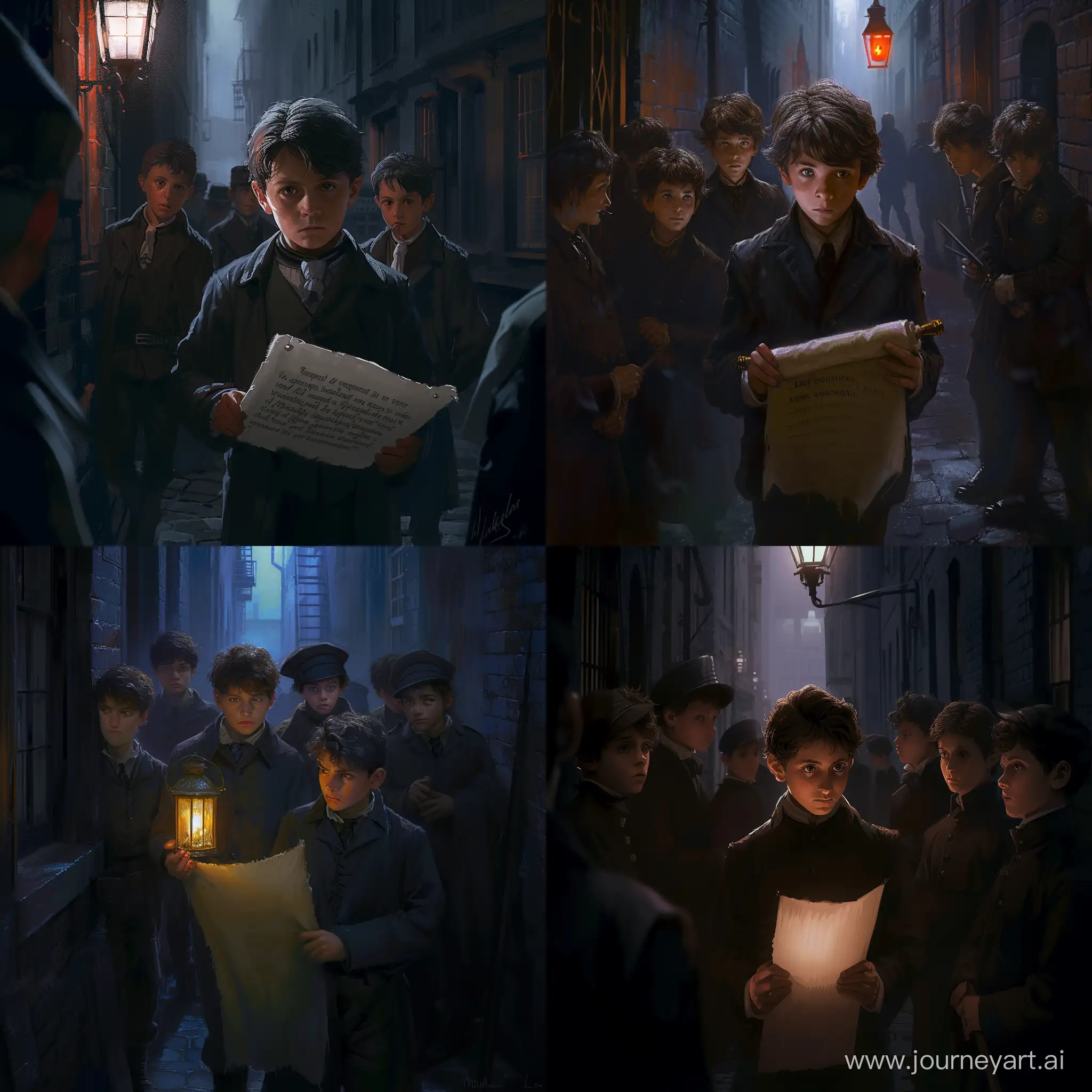 A 14-year-old boy is arrested by police consisting of boys of the same age, 19th century. The scene takes place in a dark alley, lit only by the dim light of a lantern. The police boy reads the sentence from the scroll, his face expressing sternness and determination. The image should be rendered in a 19th century style, using dark, rich colors and soft lighting to create an atmosphere of mystery and tension. The mood of the scene is filled with drama and internal conflict