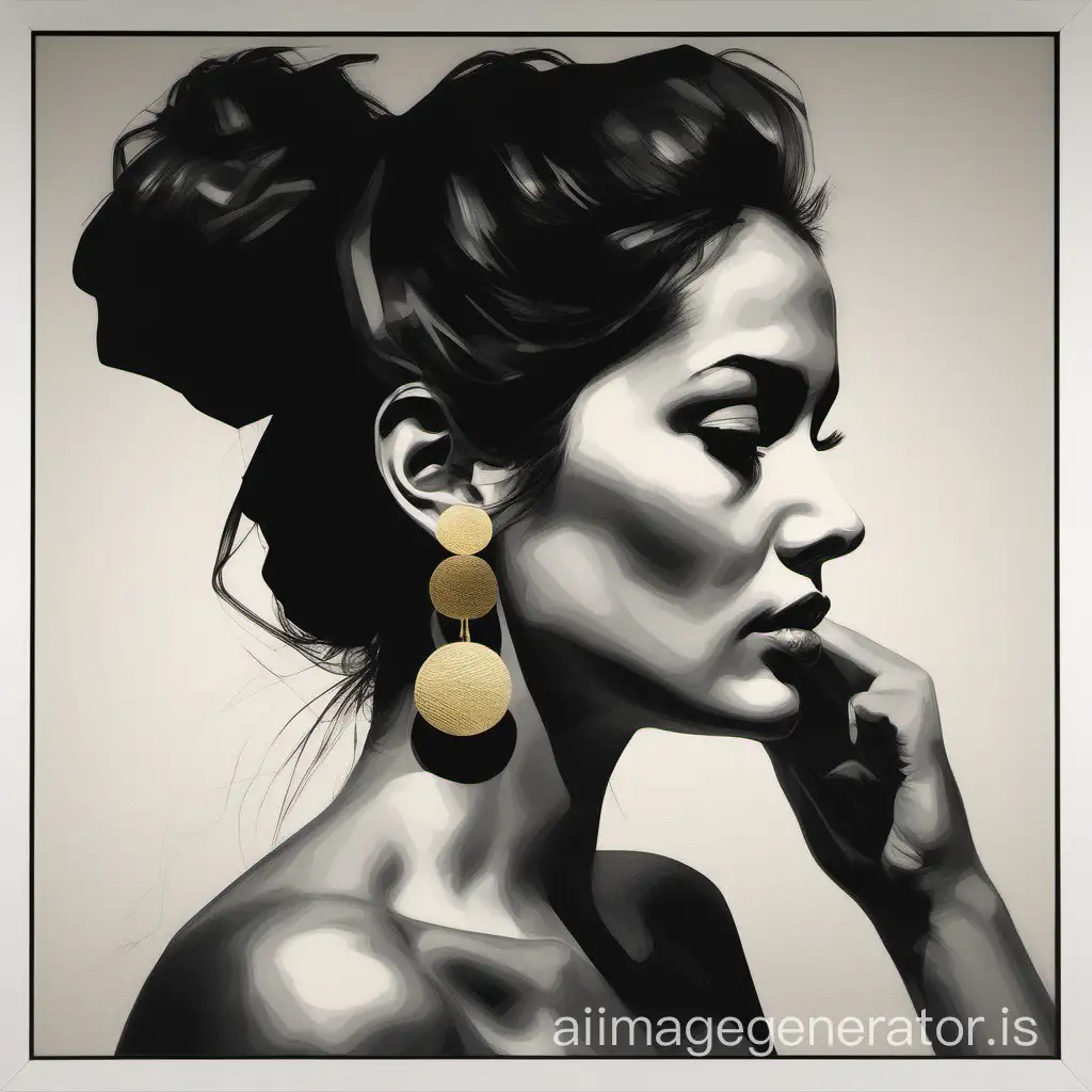 Image in contemporary monochrome art style with a beautiful-looking woman, framed from mid-bust turned three quarters away with dark hair tied up, who with her hand towards the viewer adjusts the gold earring.