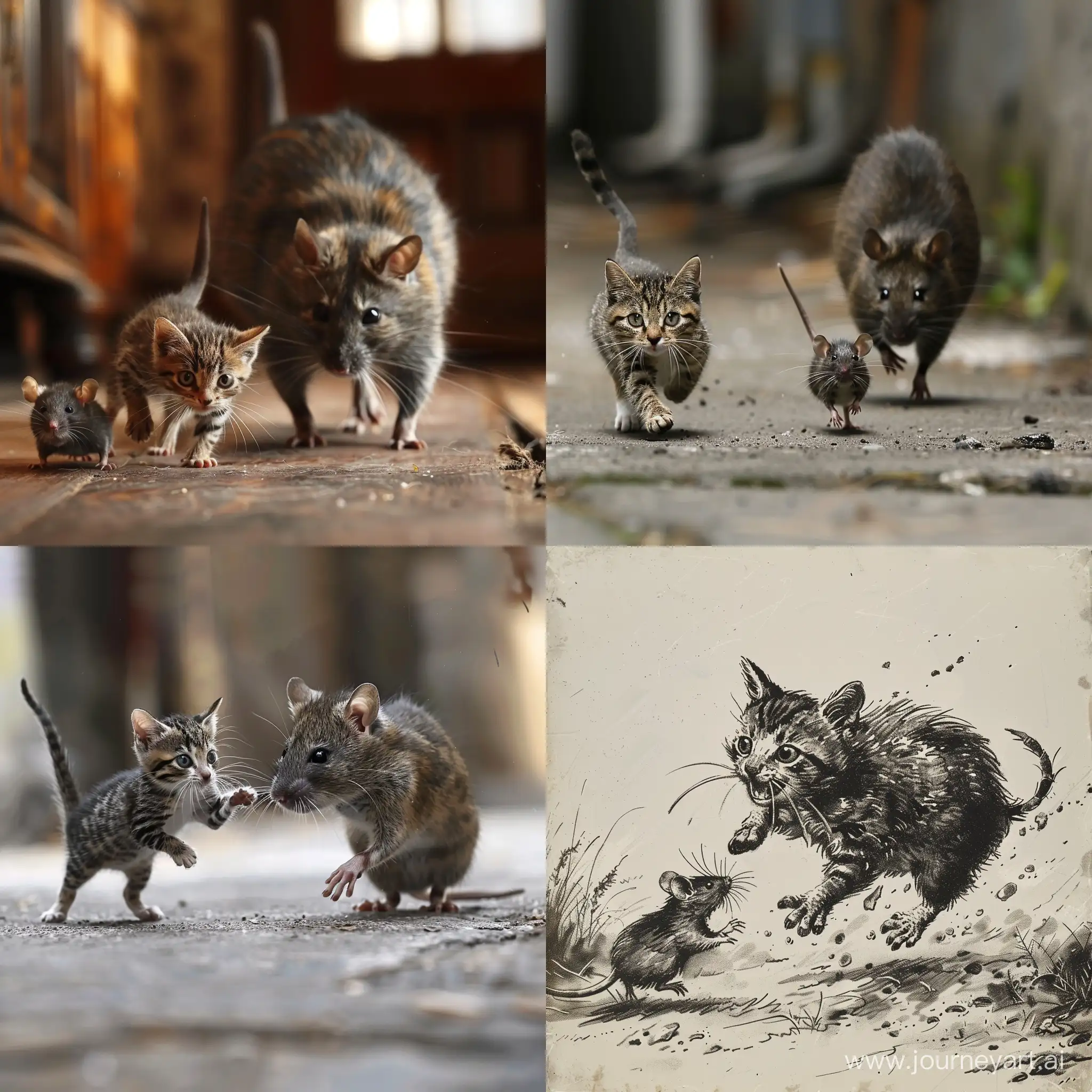 a smaller cat is chased by the bigger rat