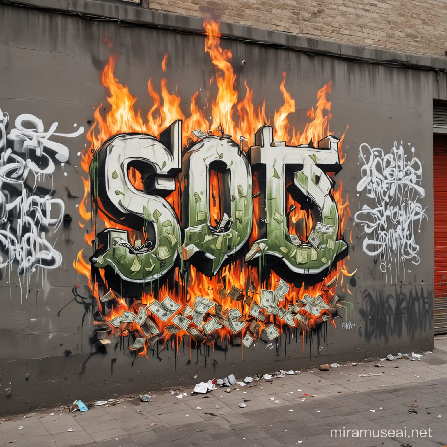 Urban Street Art SOTS Graffiti Amidst Burning Money