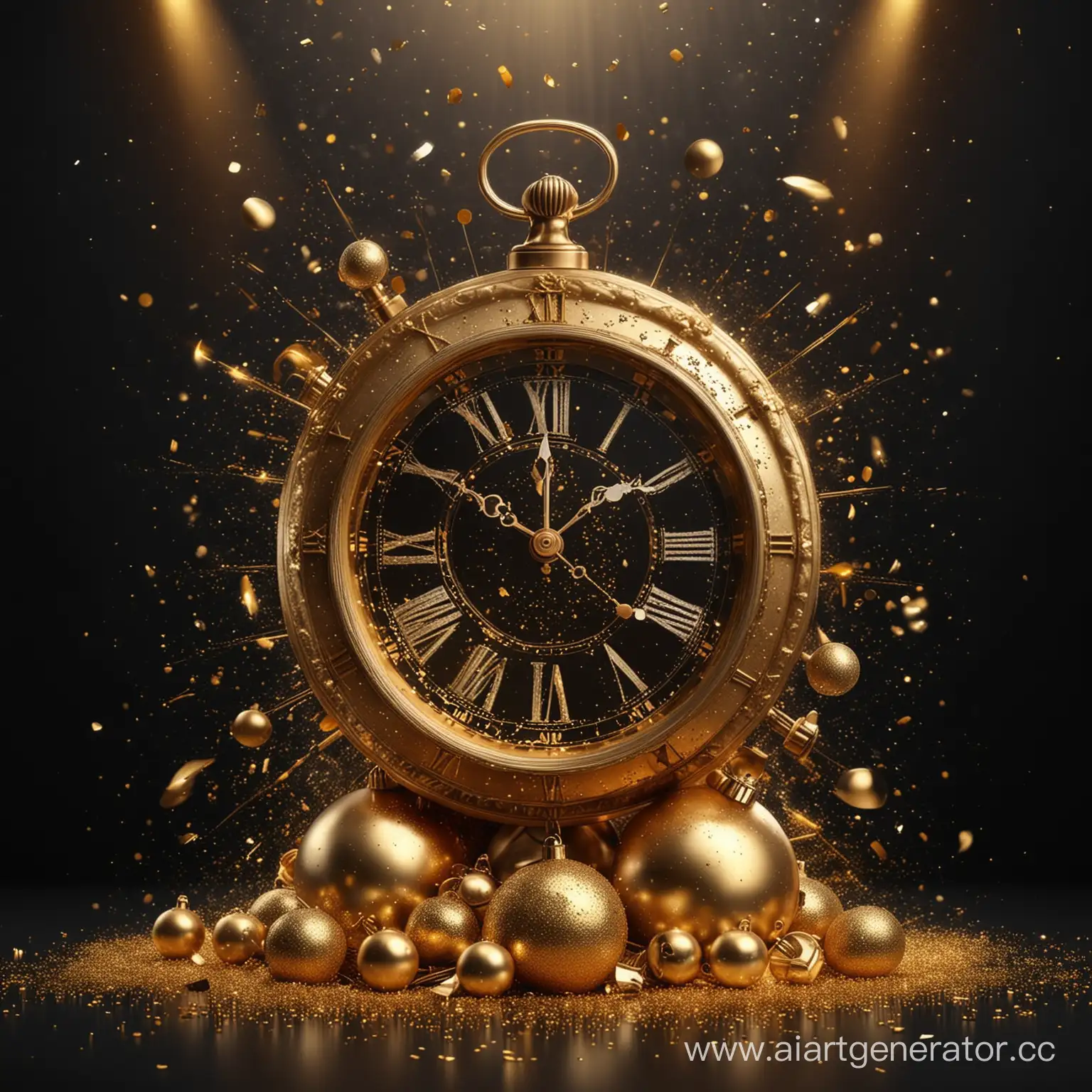 golden clock with Roman dial, golden Christmas balls, golden confetti falling , sequins, sparks, lights, glitters shimmer, golden metal, dark background