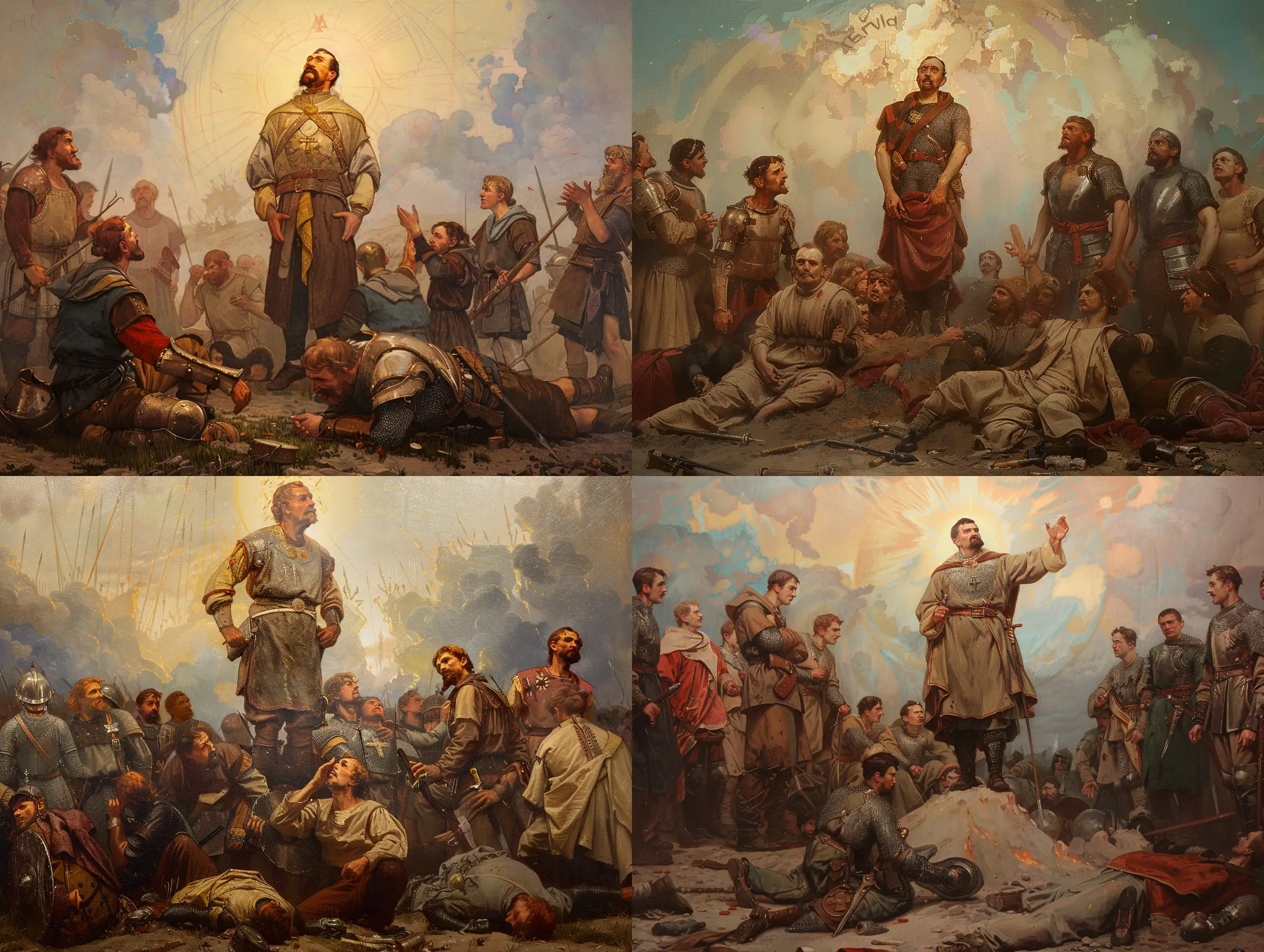Make painting named After battle of Grunwald, inspired by Slavs Epic series of paintings of Czech painter Alfons Mucha. In "After the Battle of Grunwald" by Alfons Mucha, the focal point is King Jagiello, depicted in a reflective pose, gazing skyward in gratitude towards a divine light that suggests the presence of the Virgin Mary. This central figure is elevated, symbolizing his leadership and spiritual devotion amidst the aftermath of victory. Surrounding him, the allied Polish-Lithuanian warriors express relief and exhaustion, their postures and expressions conveying the weight of battle. They are dressed in period armor, some engaging in prayer or tending to the wounded, highlighting the human aspect of warfare.

The defeated Teutonic Knights are portrayed on the ground, emphasizing their loss and the battle's brutality. The background features a tumultuous sky, reflecting the chaos of war, and the landscape is littered with the fallen, underscoring the battle's severity.

Mucha's use of dramatic lighting focuses on Jagiello, casting a divine glow over the scene, enhancing the spiritual significance of the victory. The painting is a vivid narrative of historical triumph, spiritual faith, and the stark realities of combat, rendered with detailed attention to the historical attire, emotional states of the figures, and the symbolic interplay of light and shadow.