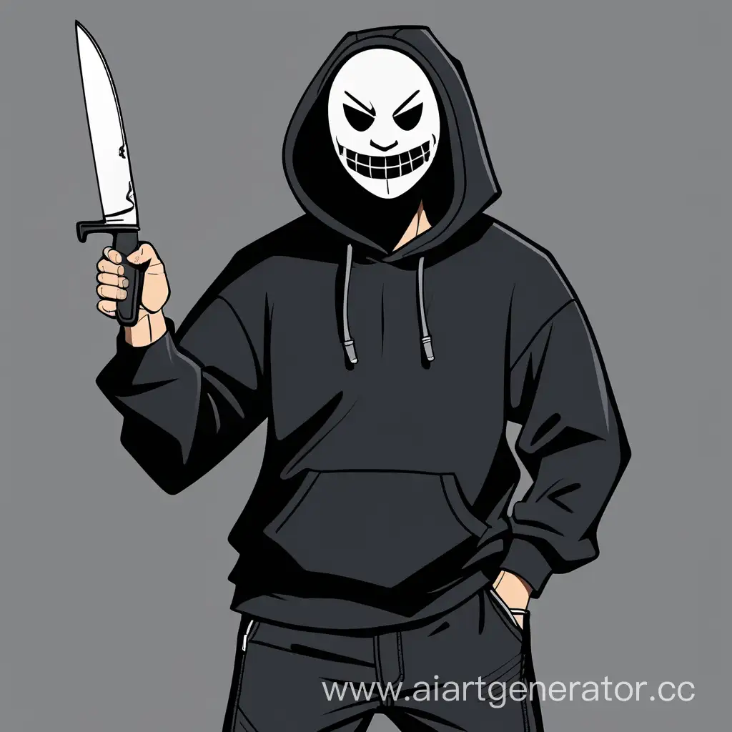 Высокий парень в чëрной толстовке, тëмносерые штаны, маска с маньячной улыбкой и чëрными глазами, с ножом в руке
