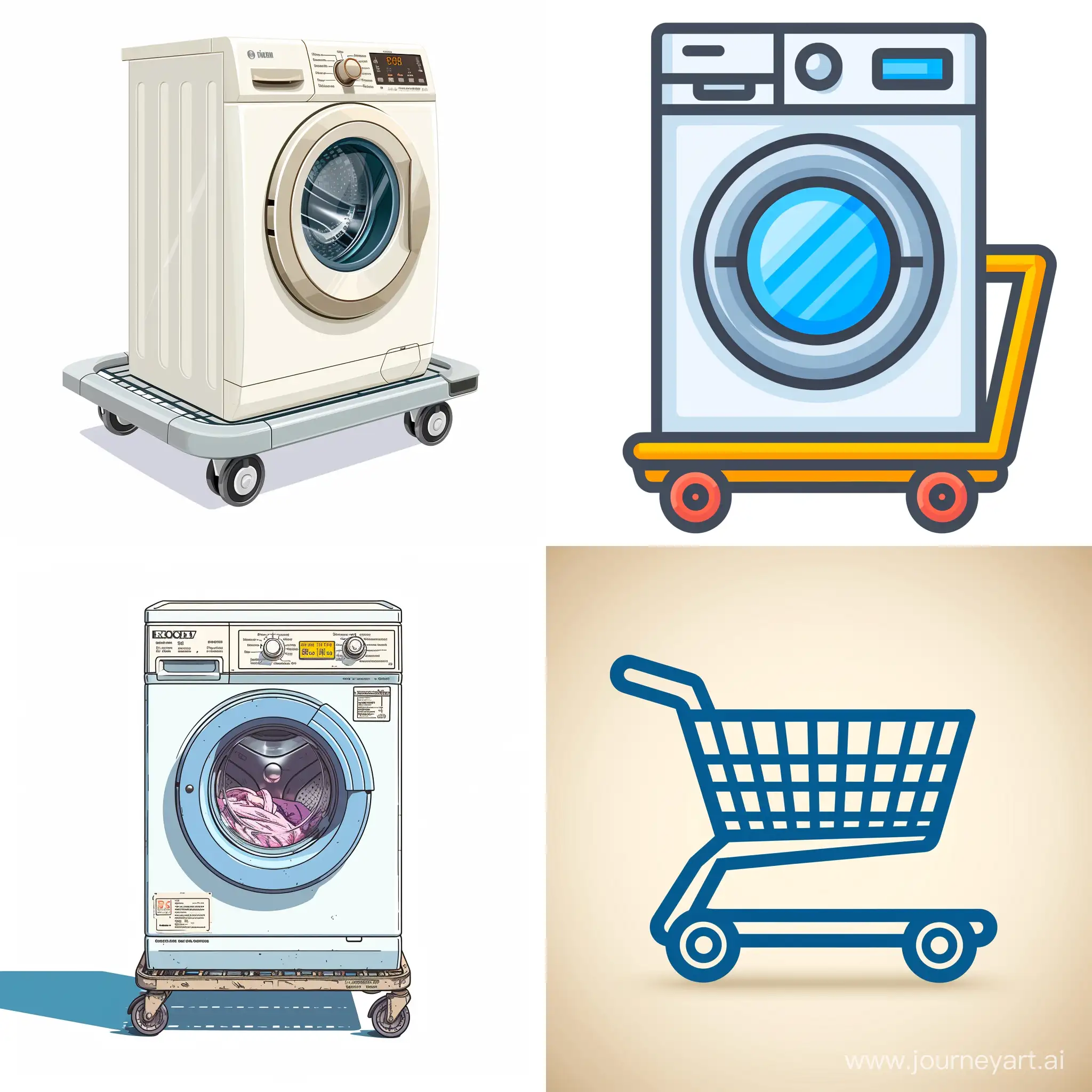 Washing machine cart icon depicted on a white background, rendered in a clean-lined, bold outline style with functional aesthetics embodying a blend of digital artistry and vector art essence --s 600 --c 50
