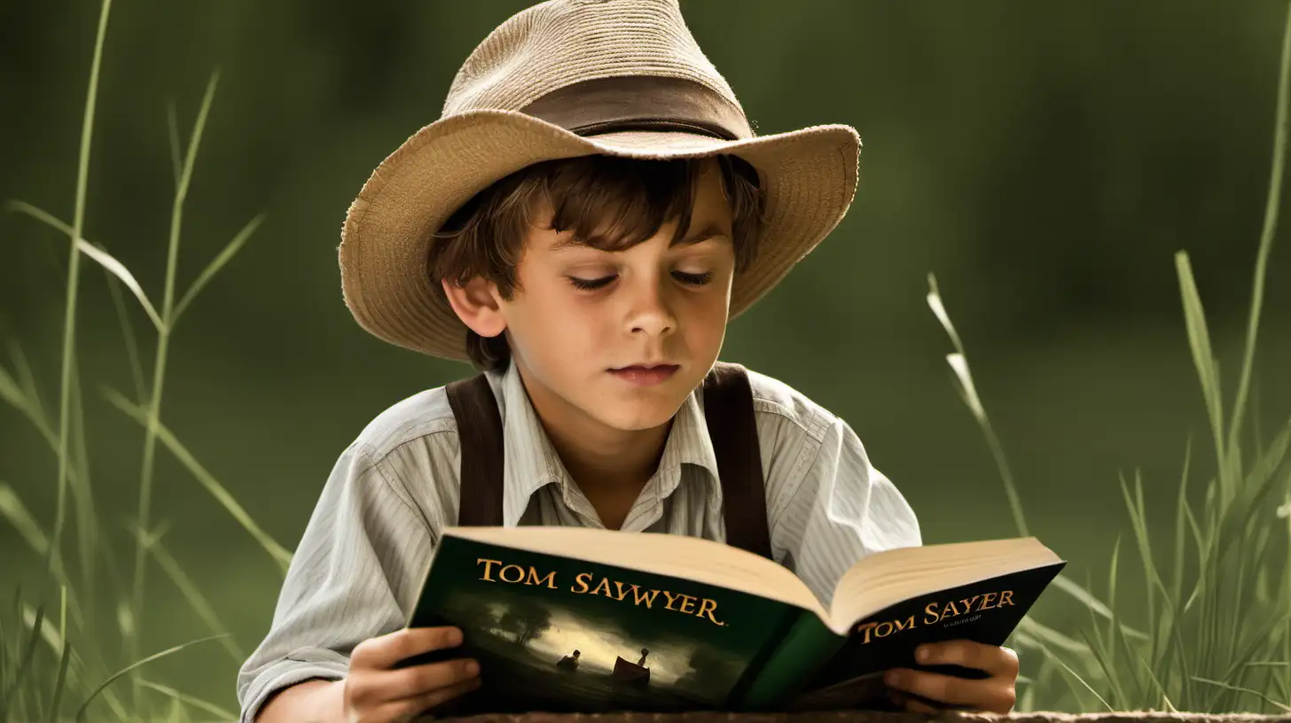 Boy reading book imagining Tom Sawyer