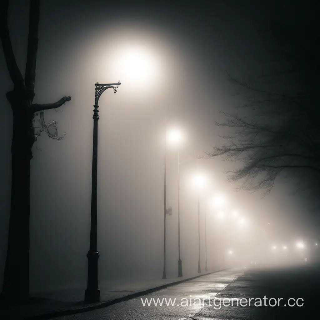 Foggy-Night-with-Illuminated-Streetlight-Casting-a-Haunting-Glow