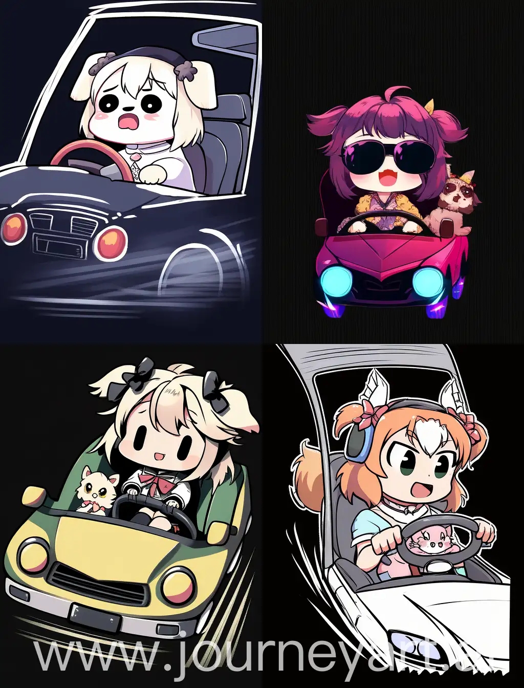 Chibi-Girl-Driving-Car-with-Dog-on-Black-Background