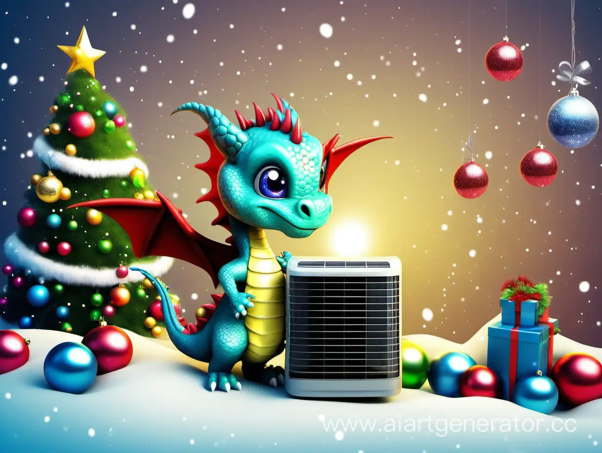 cute new year baby dragon with air conditioner and Christmas tree and cristmas balls