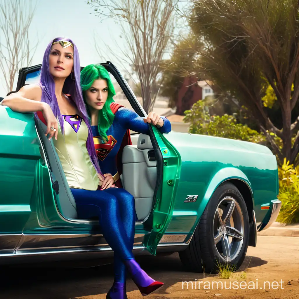 ultra detailed ,8k, birdview, real look  supergirl with purple superhero suit,long green hair, whiten car,