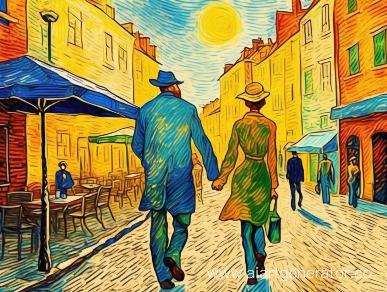 картинка нарисована в стиле ван гога эскиз, используются яркие цвета и светлый фон, на переднем плане пара идет с кофе в руках на фое летнего солнечного города



