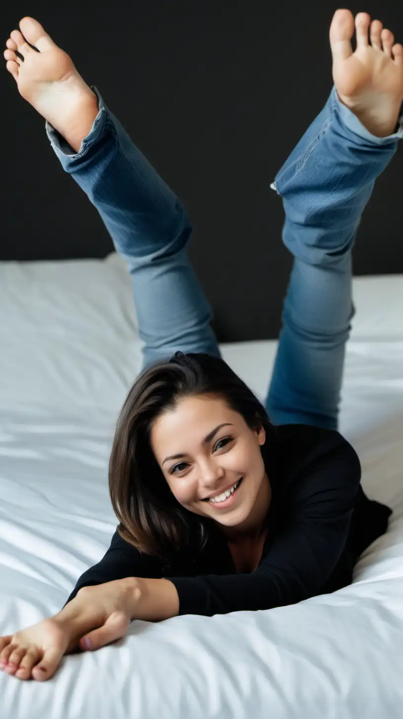 Joyful Woman Relaxing in Stylish Attire on Bed