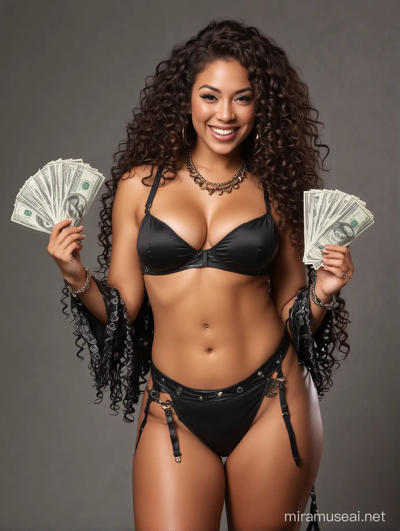 A thick Hawaiian pimp dominatrix with long curly smiles with money in her hands.
