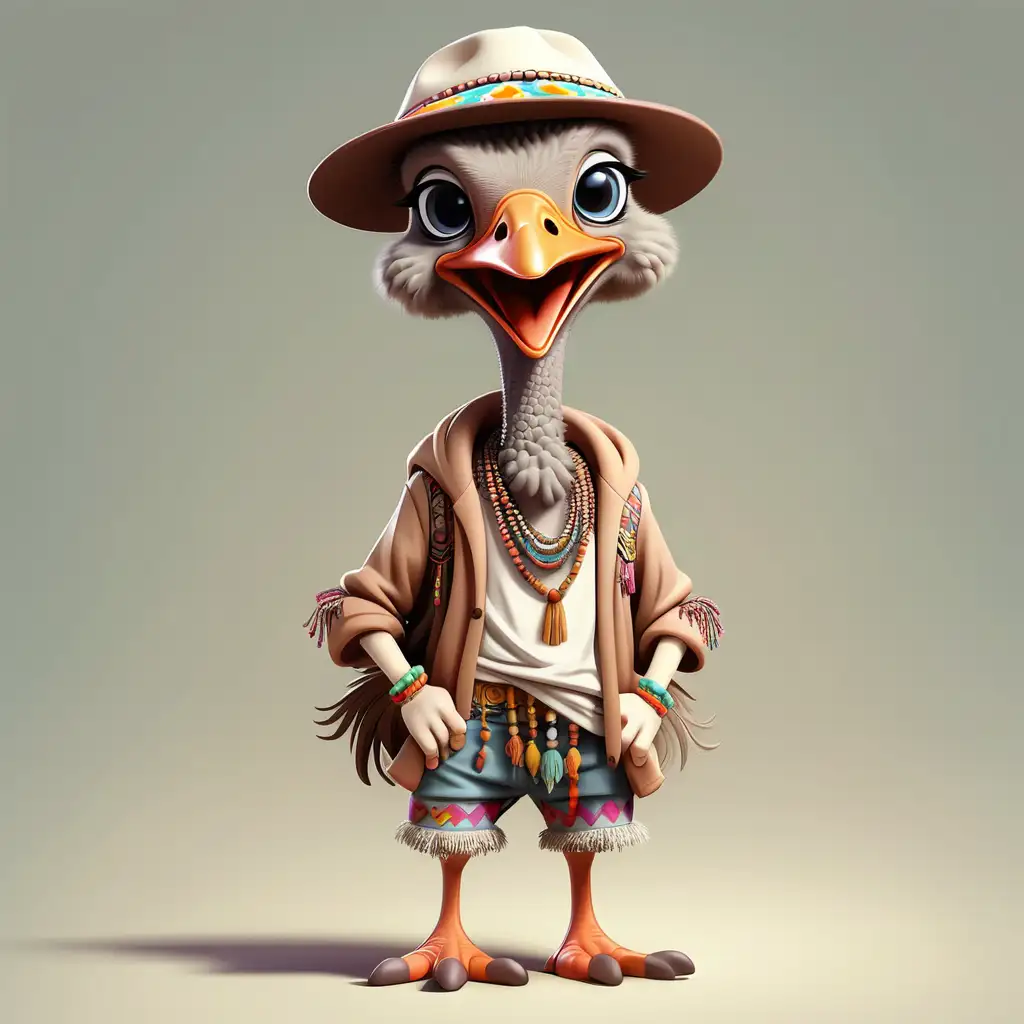 a cute Ostrich in full body cartoon style with Hippie clothes with clear background