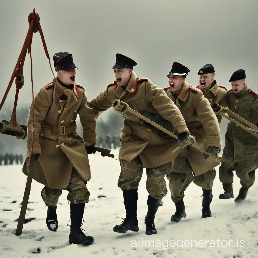 soldiers in coats are carrying a catapult