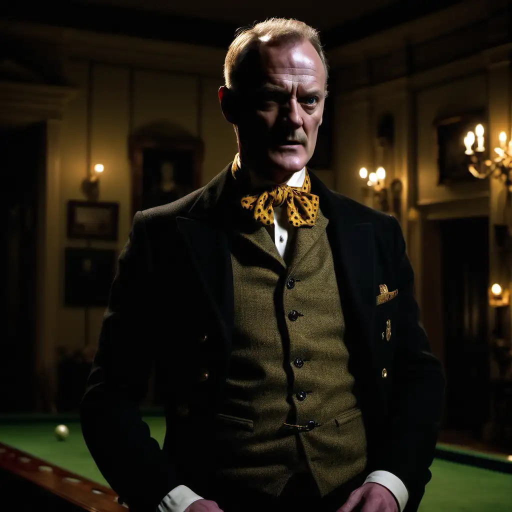 Actor Alistair Petrie as Colonel Mustard tweed jack cravat in dark billiard room of large manor house at night