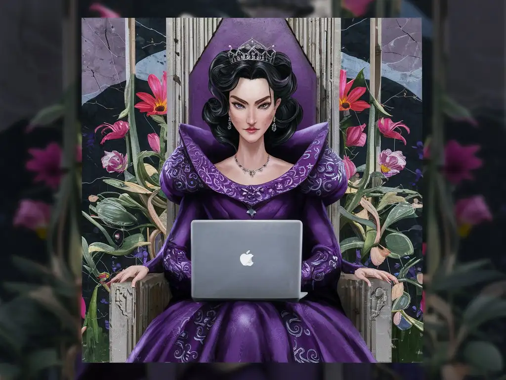 Regal-Queen-with-Raven-Tresses-and-Laptop-Amidst-a-Vibrant-Botanical-Paradise