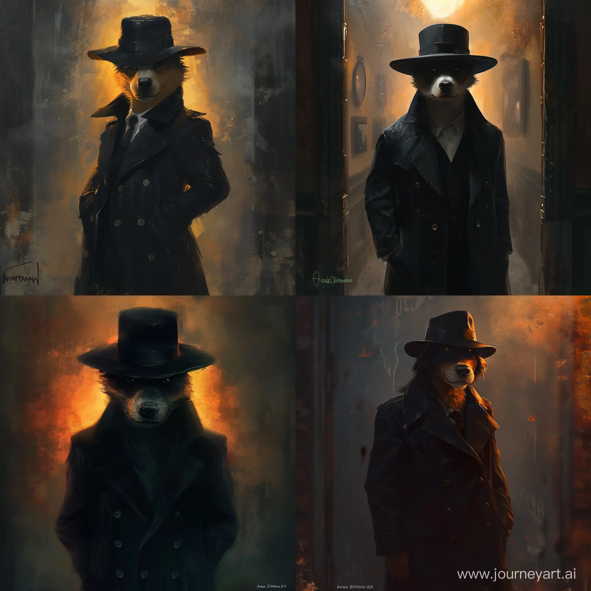 concept art of anthropomorphic noir detective dog, hat, black trench coat, black suit, looking at viewer,
center composition,  (sleeves:0.1), , abstract, dark and eerie, with a hint of a spooky atmosphere, a warm light, Anna Dittmann, masterpiece, best quality . digital artwork, illustrative, painterly, matte painting, highly detailed,
<lora:add-detail-xl:1.5> <lora:WildcardX-XL-Detail-Enhancer:0.7>  <lora:Anna_Dittmann_Style_XL:0.8>