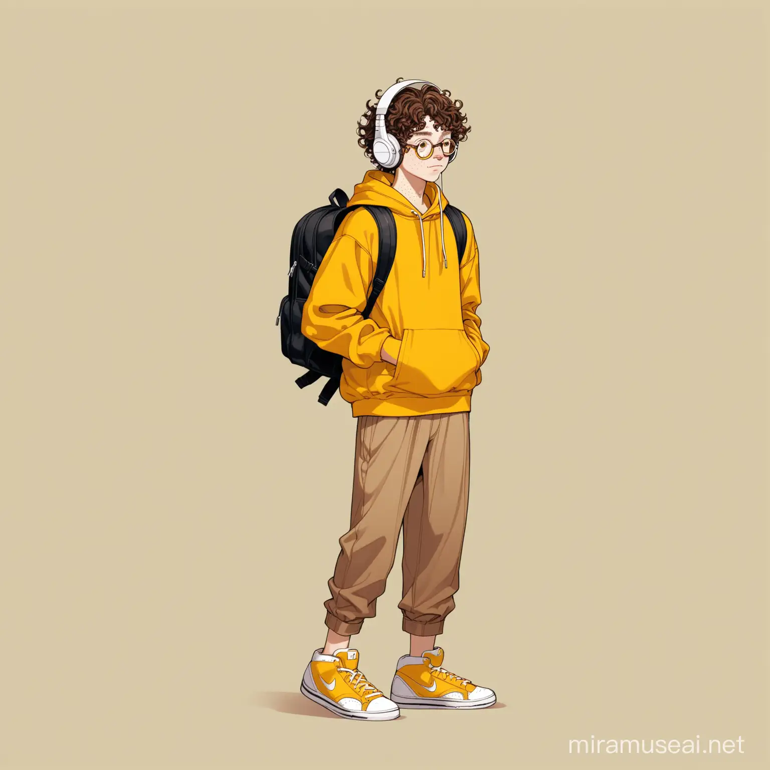 CurlyHaired Teen Boy in Yellow Hoodie and Glasses with Backpack and Freckles