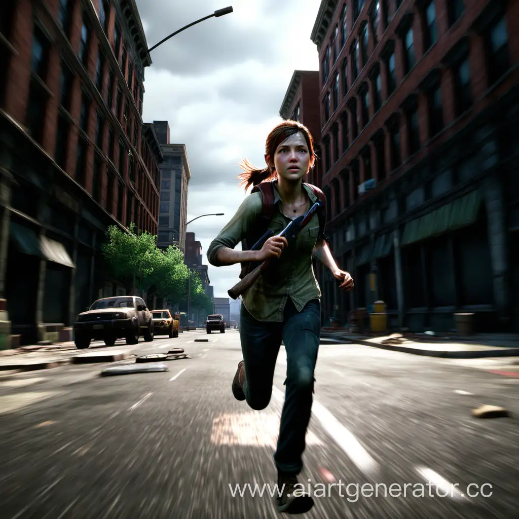 ellie from the last of us running through a city street. shot from a distance