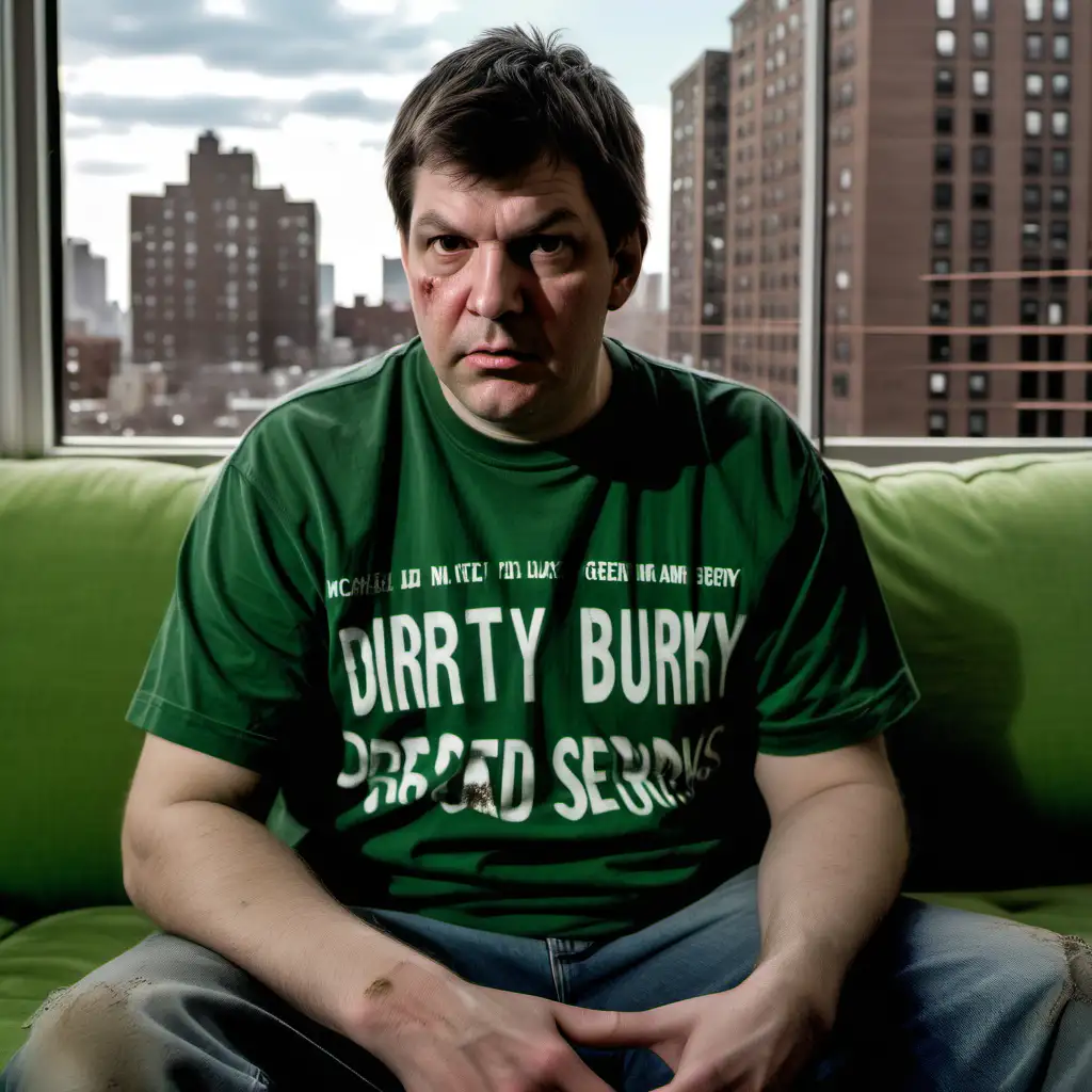 photo of Michael Burry portrait, dead serious face impression, sitting on the green sofa with dirty slightly broken T shirt, background open window facing Bronx apartment blocs