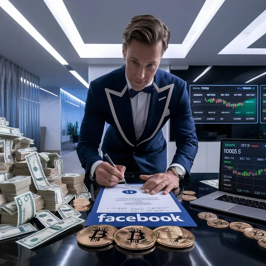 A man in an expensive suit signs a bill with the Facebook logo, there is a lot of money on the table, Bitcoin coins, against the background of an office with a screen showing quotes of currency pairs