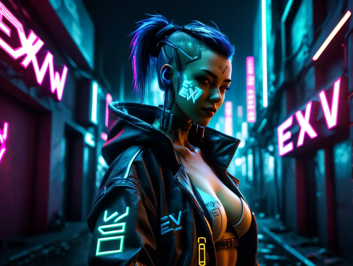 cyberpunk female with EXV branding and EXV neon lights in cyberpunk street