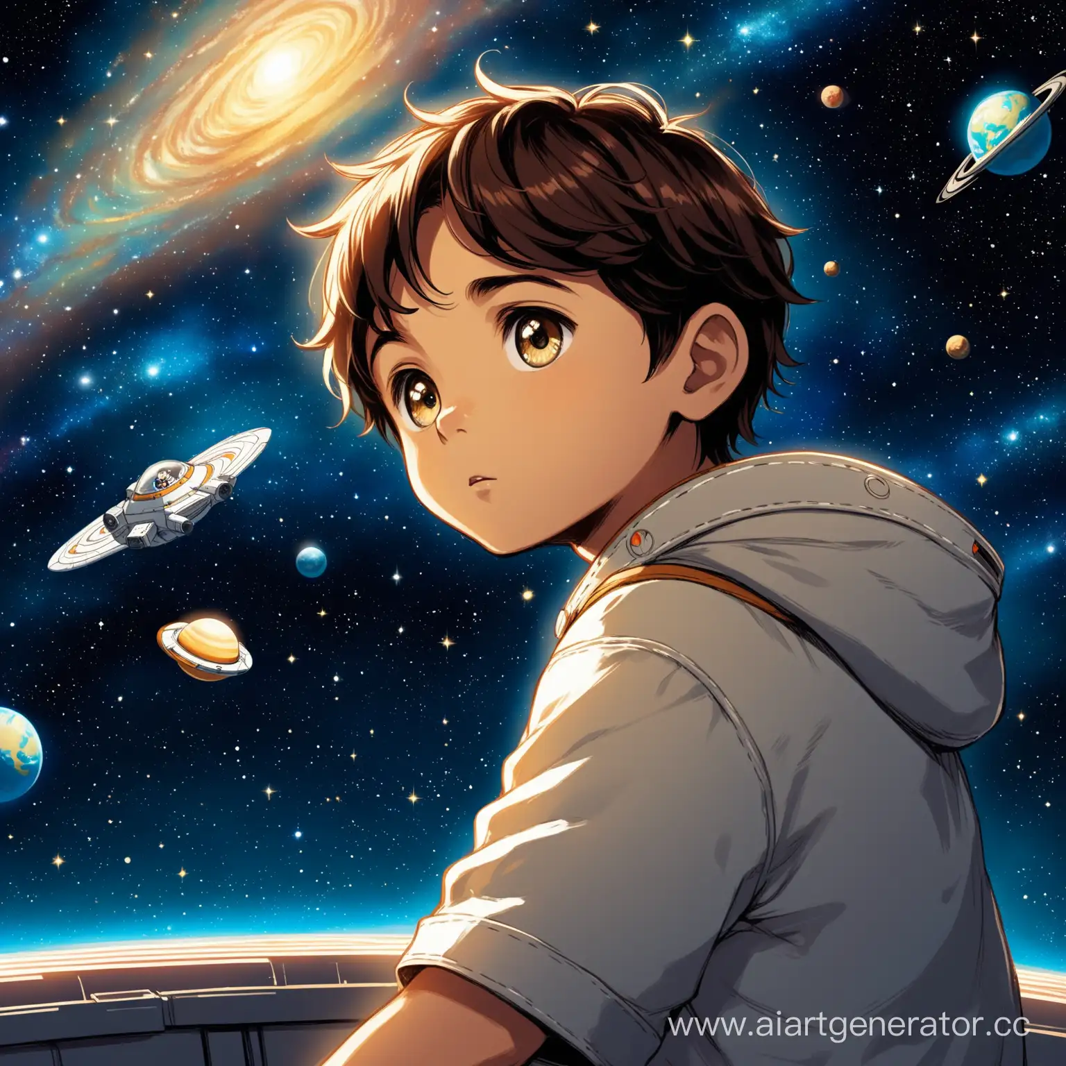 Illustration: A young boy with wide eyes stands on the deck of a spaceship, gazing out into the vast expanse of space, his imagination stretching beyond the stars. In a distant galaxy, far from the familiarity of Earth, lived a boy named Leo. He wasn't just any ordinary boy; he was a dreamer with an imagination so vast that it reached the farthest corners of the universe. Leo spent his days aboard his family's spacecraft, exploring the wonders of the cosmos.