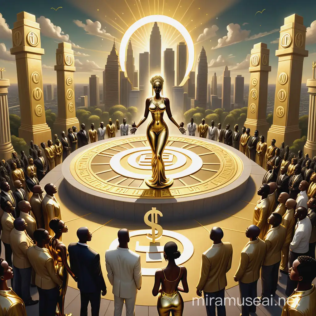 A grand, cinematic image of a dark fantasy world where meditation reigns supreme. A colossal, intricately designed golden statue of a dollar sign is in the middle and towers over a vibrant circle of  twelve men and women (AFRICAN AMERICAN, ASIAN, WHITE) holding hands in a circle, each man and woman wearing headphones, the dollar sign casting a warm, golden light. People in various attire, and are seen holding hands head lifted on the large gold dollar sign in the middle,  creating a meditative  yet captivating atmosphere. The backdrop features a cityscape of luxury, mansions, Rolls Royce cars, money, gold bars, illuminated by bright stars made of dollar signs.