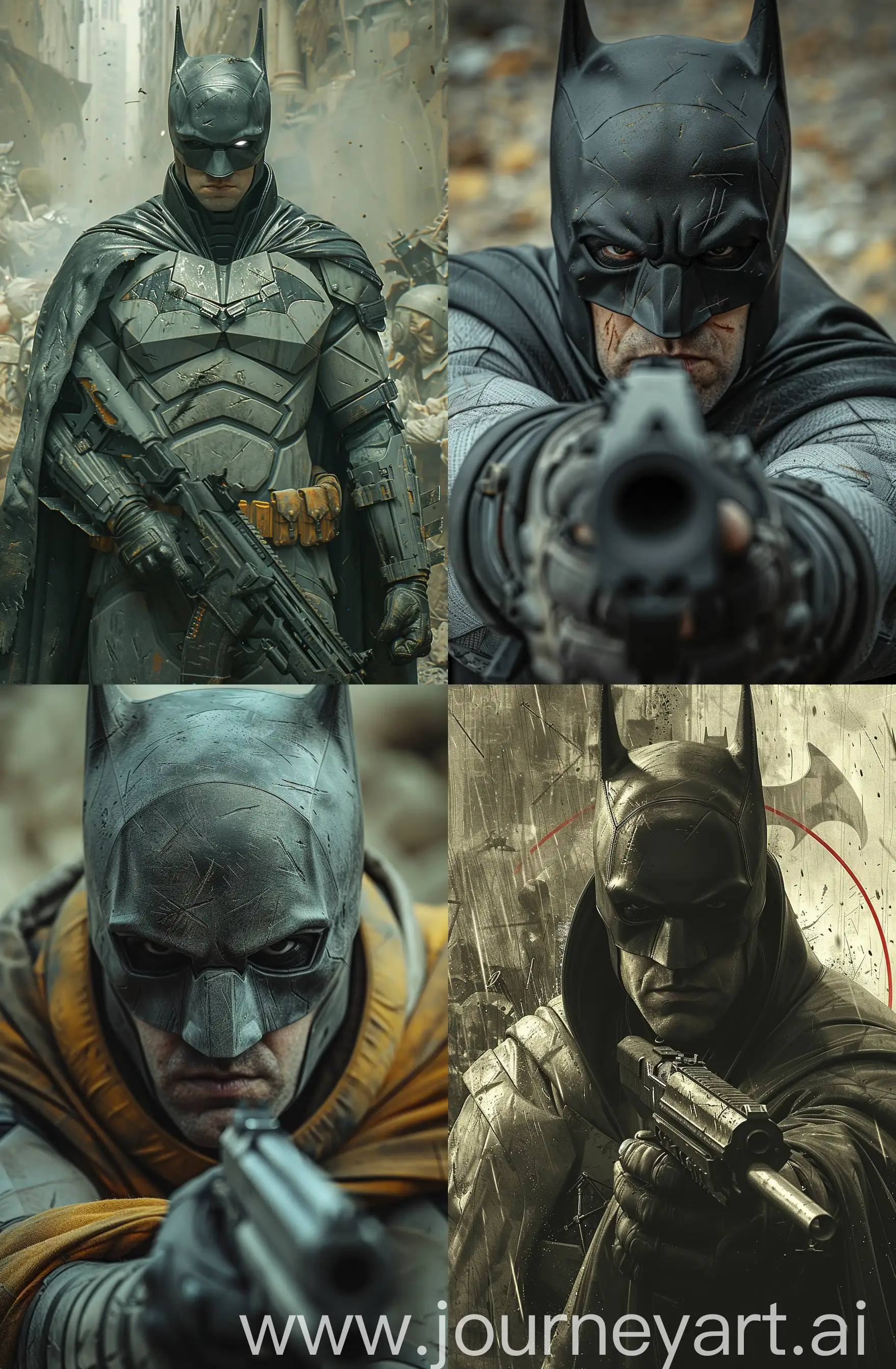 The Batman from 2022 movie has a menacing personality, a costume intended to create a sinister appearance
Batman wears his costume, suggesting a story of survival or combat. It is worth noting that Batman holds a firearm with a focused gaze, which enhances the feeling of threat.
The background behind Batman is unclear and chaotic, with undertones suggesting a post-apocalyptic or war-torn environment. This background completes the hostile image of Batman.
Designed to induce a feeling of unease or to subvert the usual cheerful connotation The combination of the Batman motif and aggressive elements creates a juxtaposition that is often used in various forms of media to elicit a strong emotional response --ar 36:55 --stylize 750 --v 6