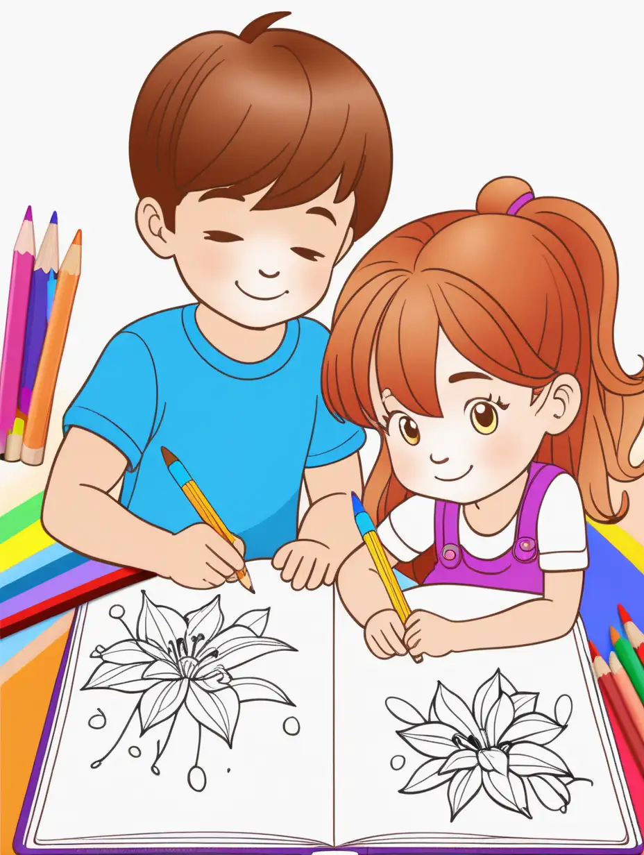 vivid color,  a little boy and girl coloring  on a blank color book
