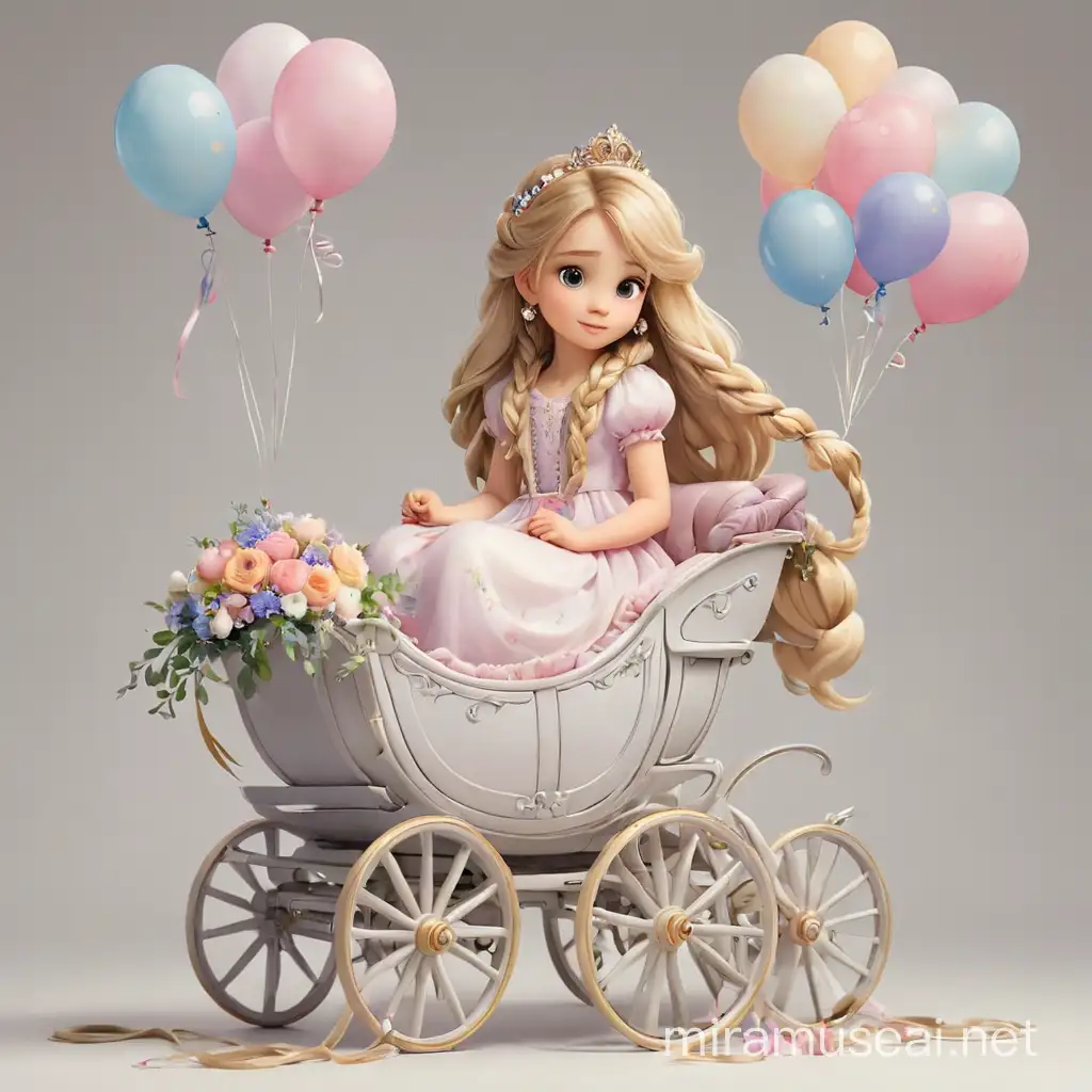 Enchanting Little Princess with Long Light Hair Braid and Carriage Amidst Flowers and Balloons on a White Background Watercolor Fantasy
