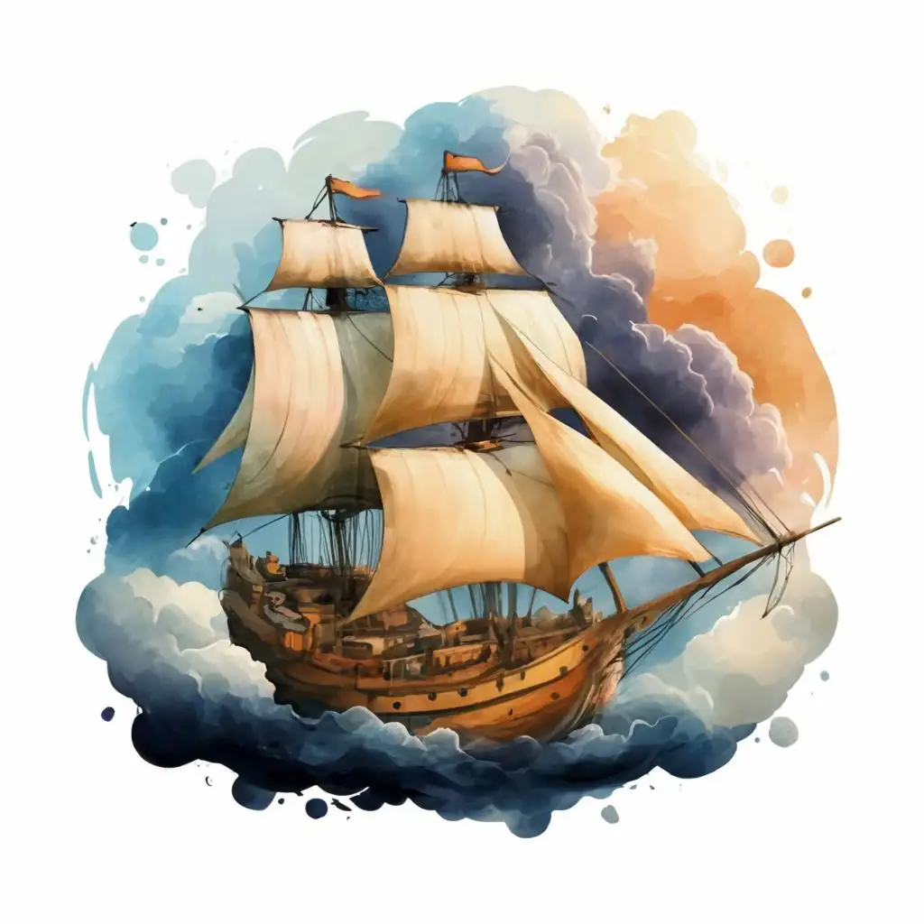 Beautiful fairy tale ship with sails flying in the clouds, watercolor drawing, cartoon, flying in the clouds, fantasy world, beautiful clouds