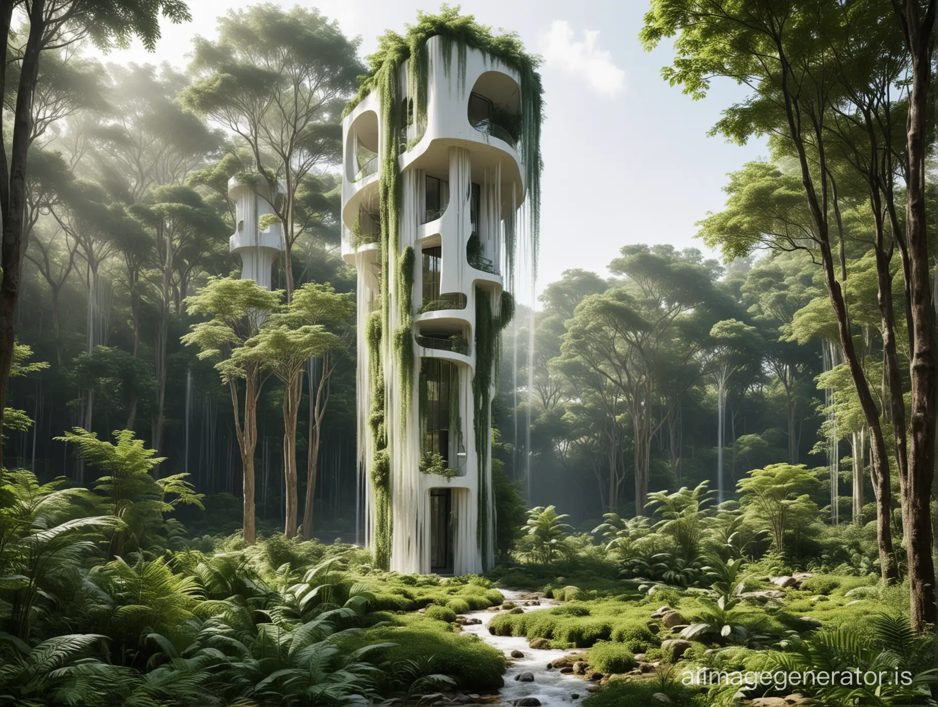 An ecological tower in the shape of a canopy. The tower is located in an ecological park and a waterfall. The tower is slim and white in color, the vegetation forms another building next to it.