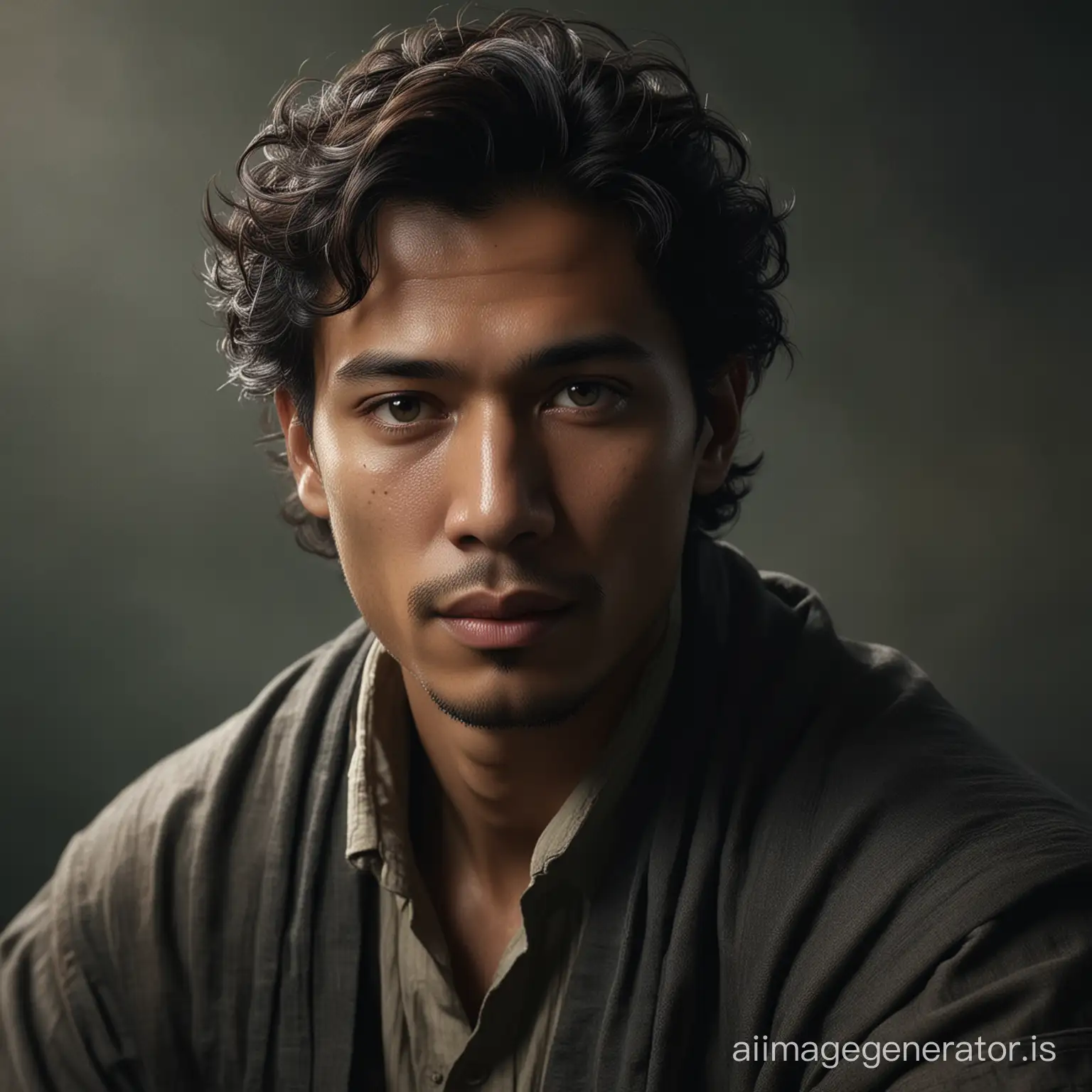 A handsome man from Indonesia, portrayed by Annie Leibovitz. High-quality studio lighting photography extremely detailed 8k digital art photorealistic trend on Flickr in the style of Rembrandt and Caravaggio - n 4 s 3 5 0 7 9 1 2 6 DSLR HQ intricate detailed ultra-realistic machine non-existent octane render cinematic light dramatic shadows natural sunlight foggy weather misty atmosphere realism