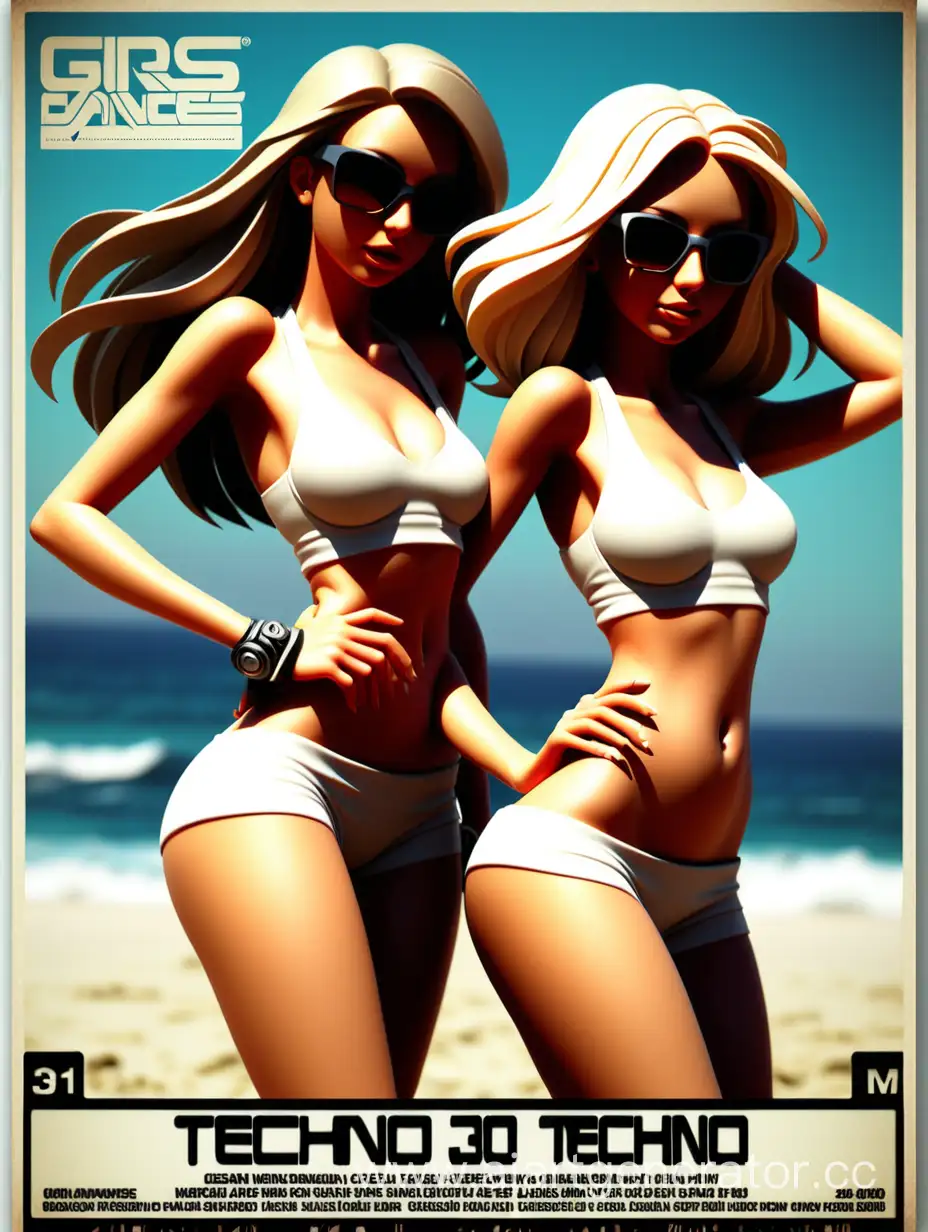 flyer, techno music, beach party, ocean view, girl dance, 3 girls, djanes