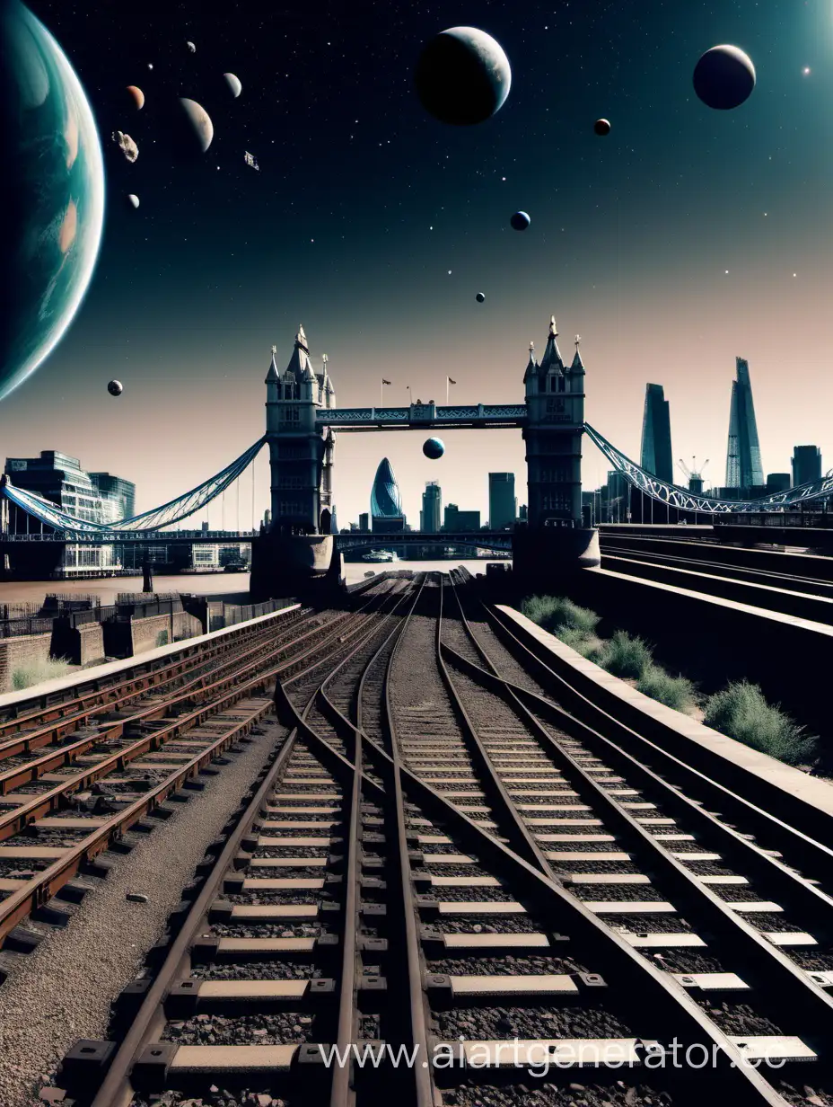 generiere ein Bild von der Londoner Skyline mit der Tower Bridge die auf dem Mars steht und Zugschienen die nch London führen. Im Hintergrund sollen wenige  kleine Planeten zu sehen sein. Auch soll der Weltraum eine bläuliche färbung haben die ins schwarze übergeht.