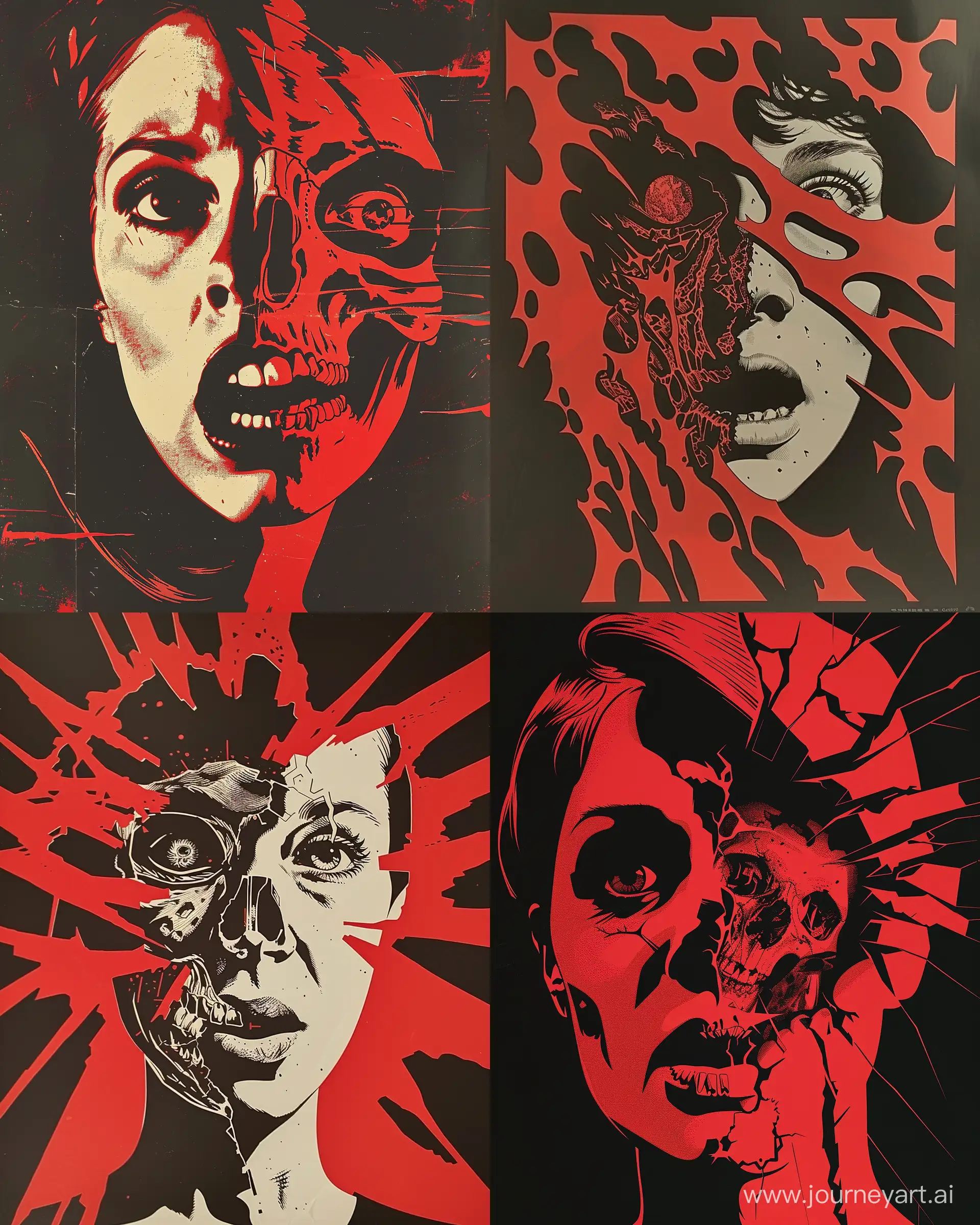 horror poster of woman with an open face with a skull, in the style of distorted, fractured depictions, red and black, 1970–present, criterion collection, ultrafine detail, comic art, paper cut-outs --ar 4:5 --v 6