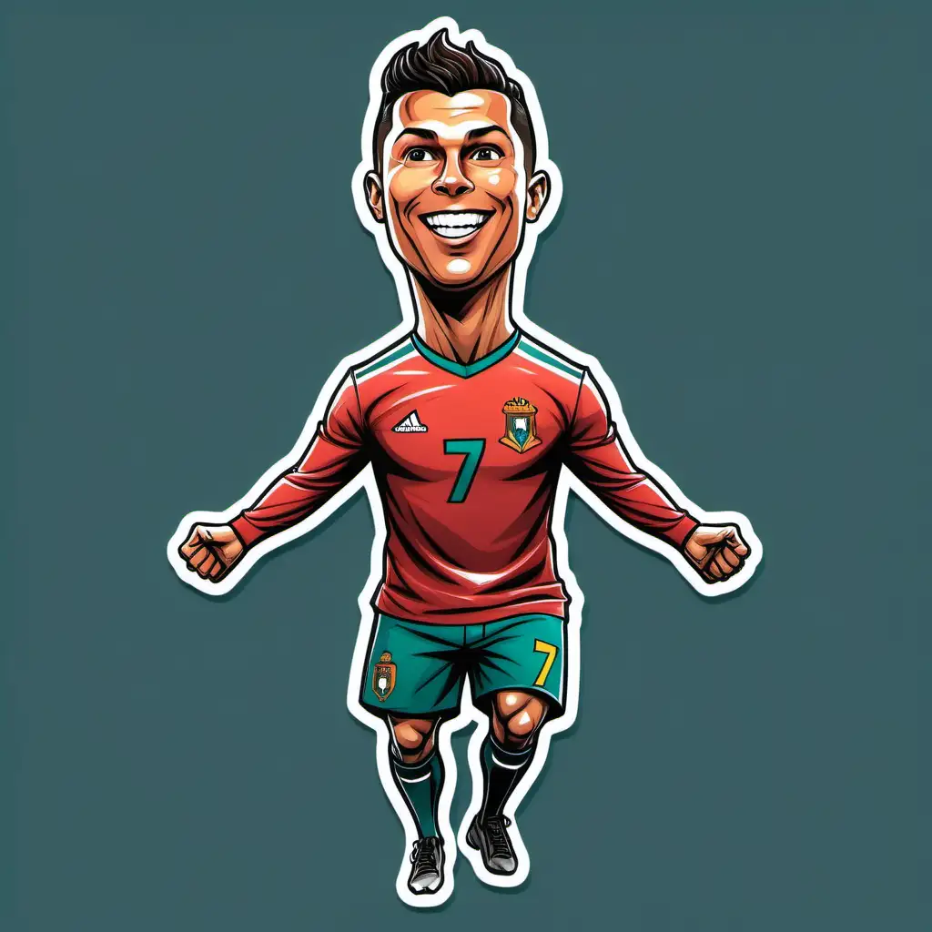A close-up portrait of Cristiano Ronaldo, showcasing his mature features and defined jawline. He's captured mid-air, performing his signature "suii" celebration pose, with arms outstretched and legs spread wide. His face is a mix of determination and triumph, with a hint of a smile playing on his lips. Render the image in a detailed yet cartoon-like style, with bold outlines and vibrant colors.cartoon sticker style full body  