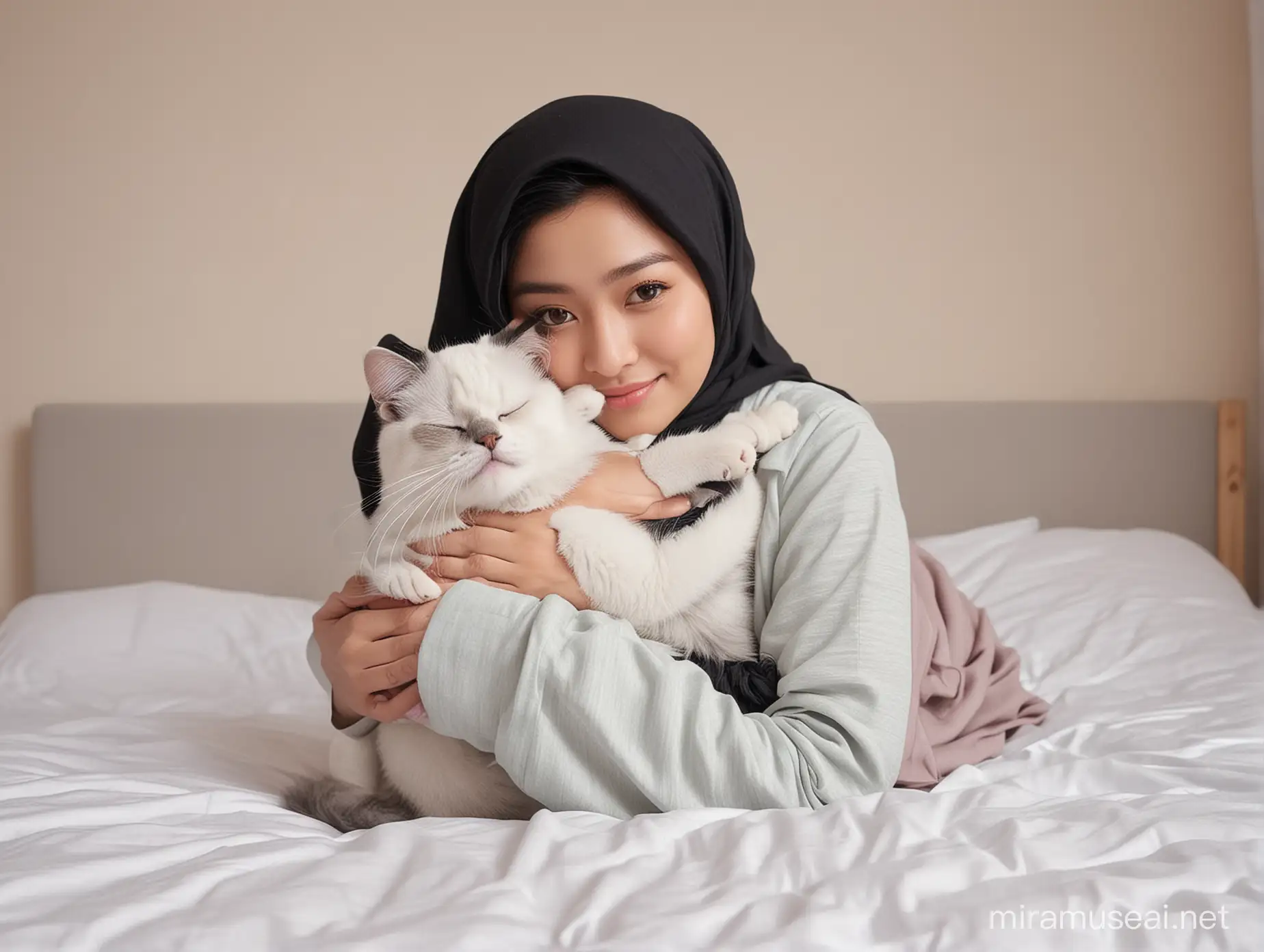 a cat over asian hijab girl hug a pillow in bed