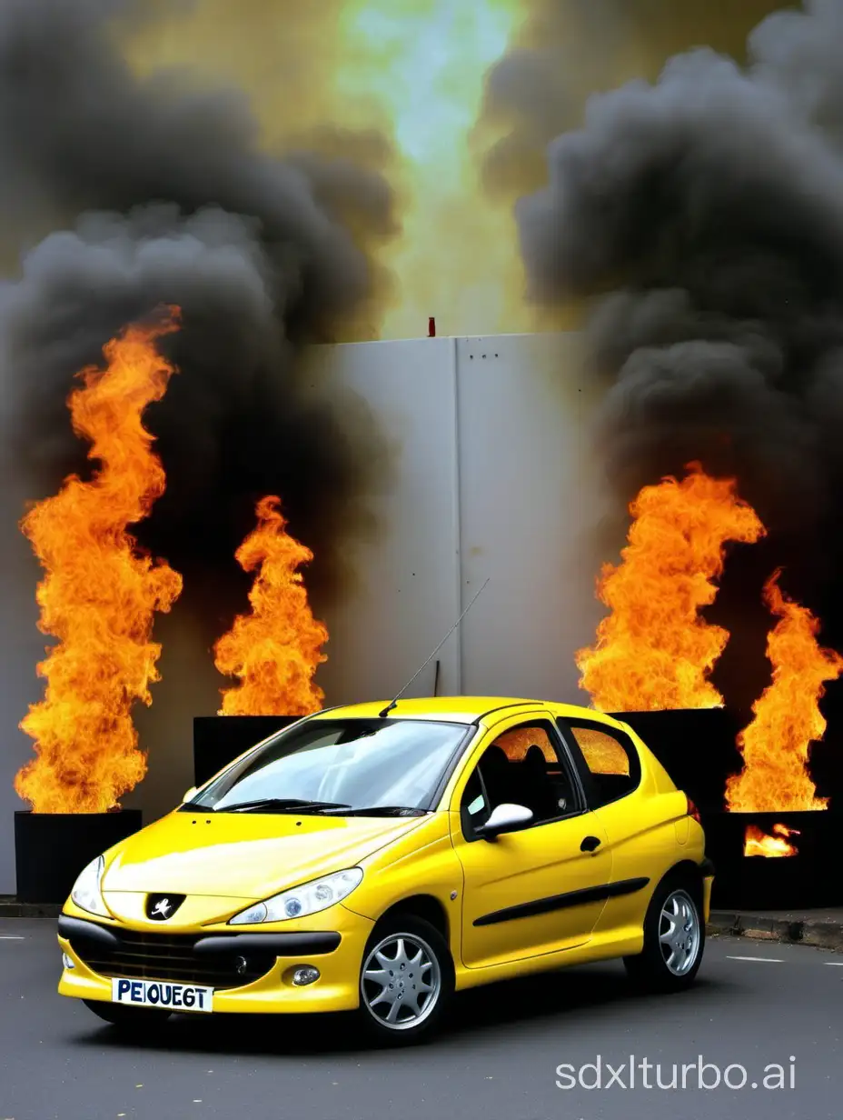 a yellow Peugeot 206 with flames behind