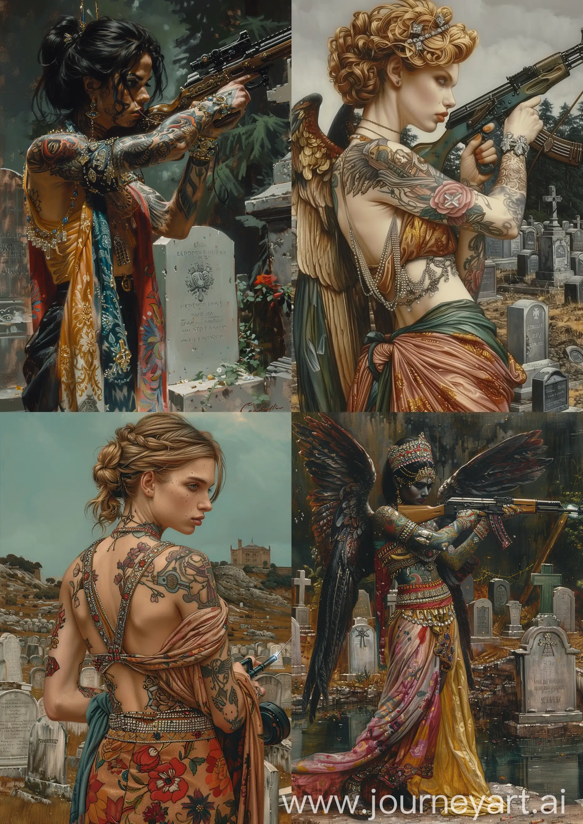 Edward Burne-Jones oil painting of a tattooed female angel warrior wearing colorful clothes ornate in diamonds, silk and robes, welding a Kalashnikov riffle, standing in front of a cemetery, high tones, high detailed, full body —c 22 —s 750 —v 6.0 —ar 5:7