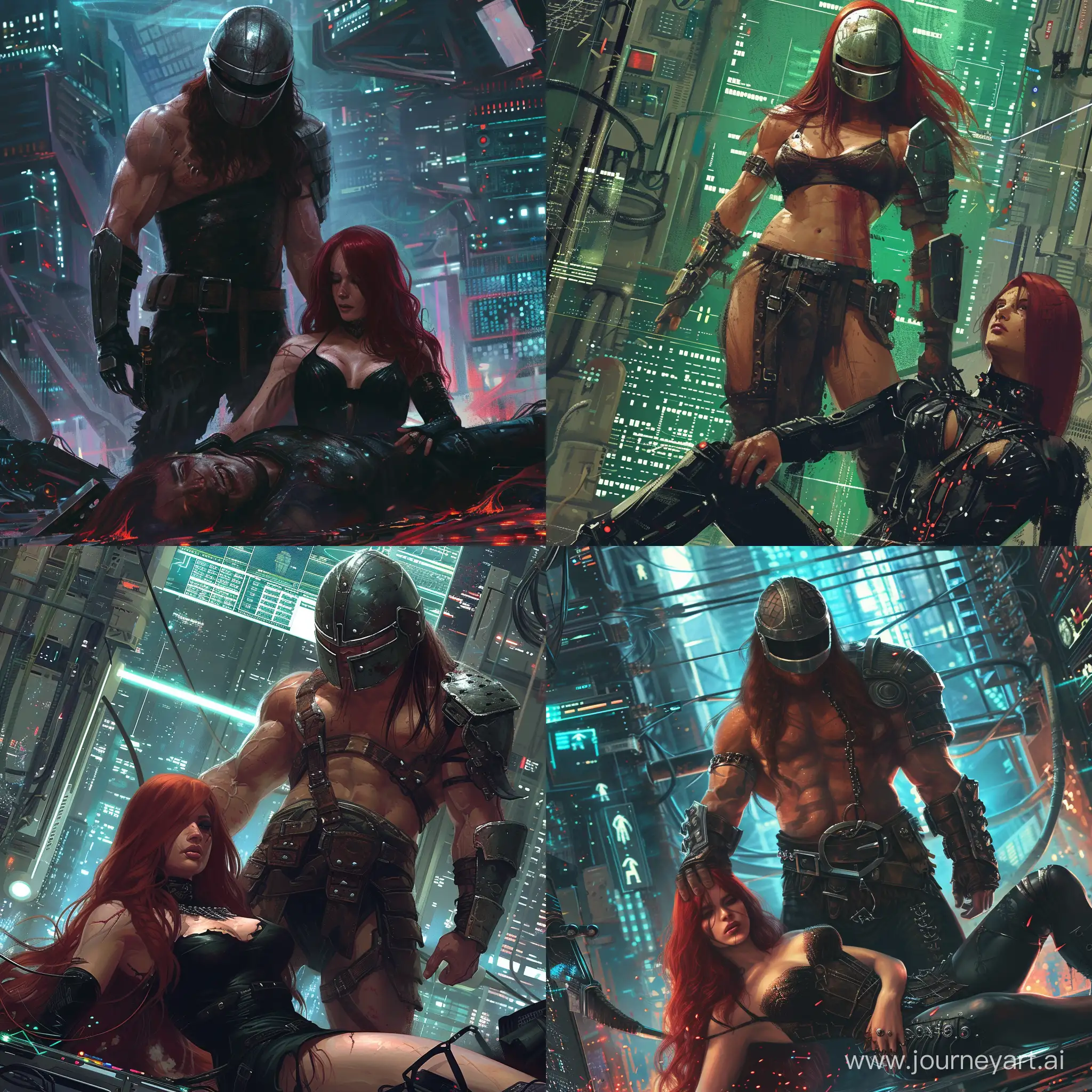 Chinese Conan the Barbarian in visor helmet covering whole face standing on the defeated body of cyberpunk red-headed Russian woman in black Gothic clothing. High-tech computing background.