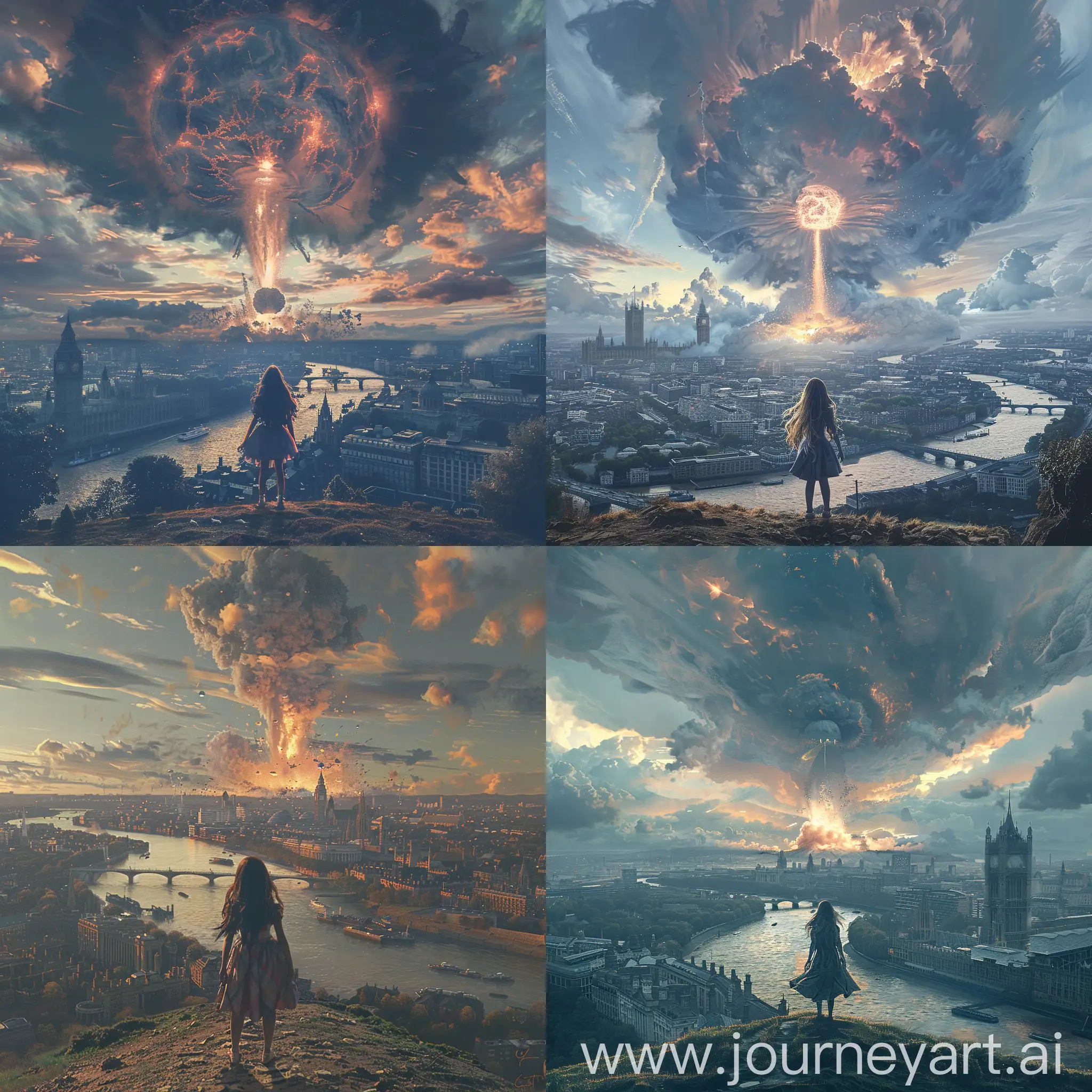 A highly detailed dystopian image of beautiful distressed girl standing on a hill looking over London where a nuclear bomb has exploded and there is a mushroom cloud in the sky. Beautiful magical mysterious fantasy surreal futuristic disturbing